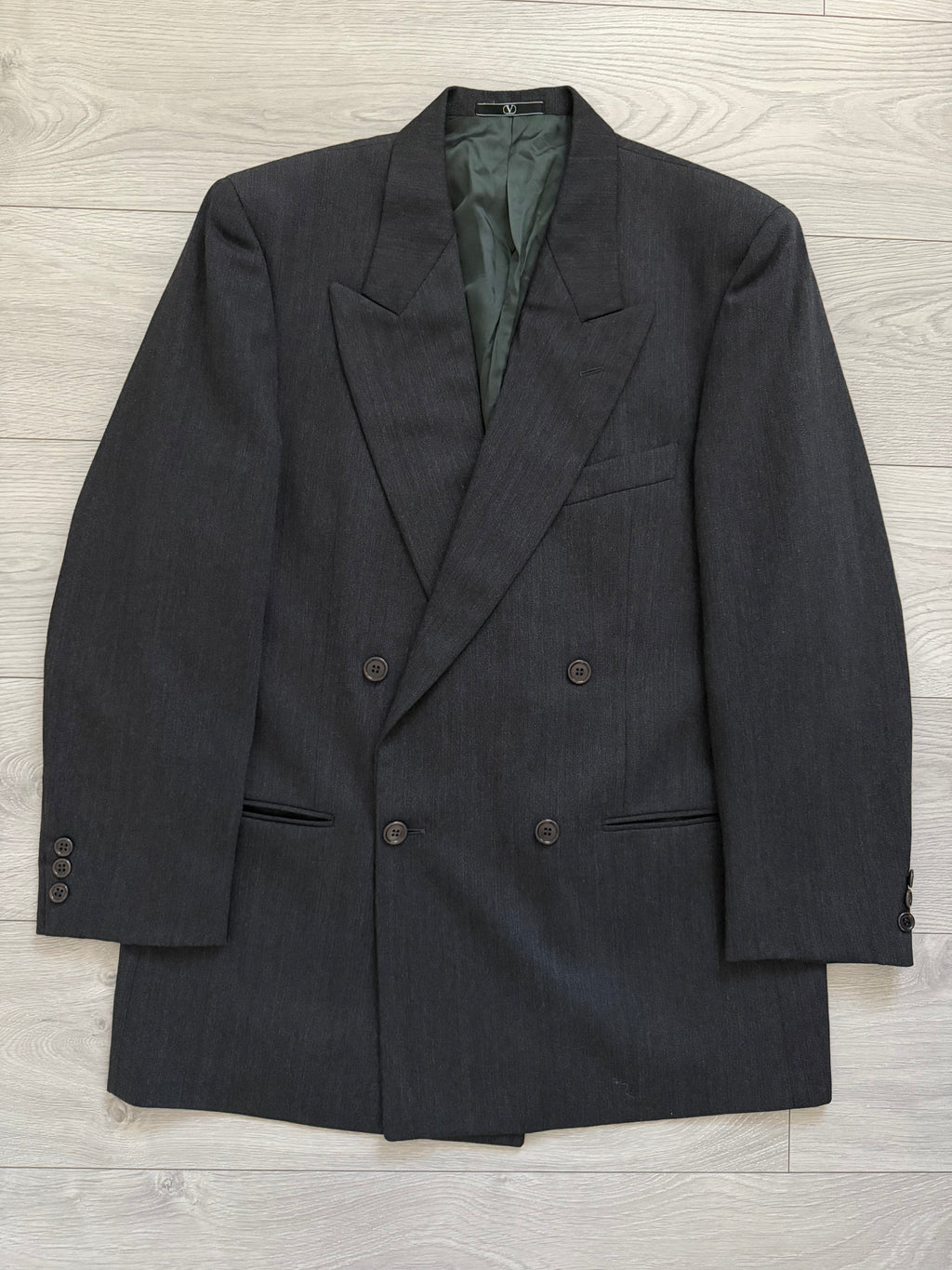 Valentino 1980s Peaked Lapel Double Breasted Wool Herringbone Grey Sport Jacket Blazer - Size L