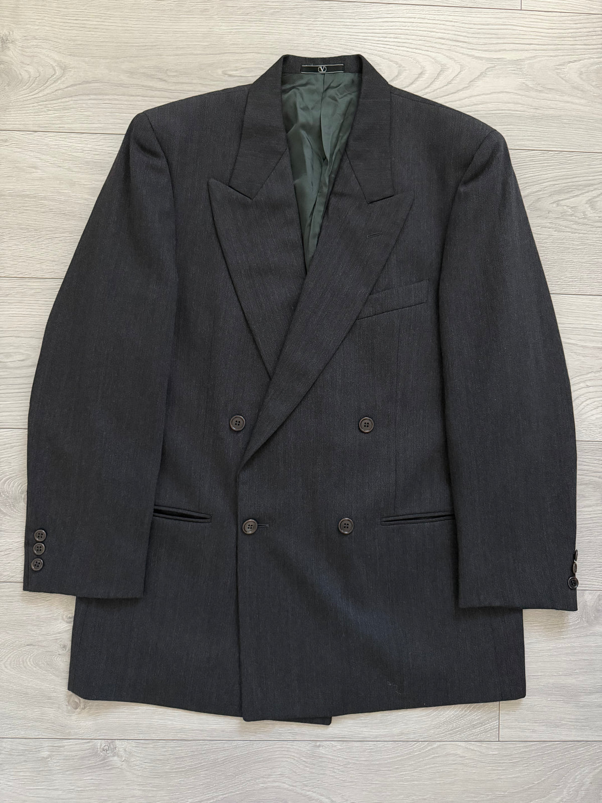 Valentino 1980s Peaked Lapel Double Breasted Wool Herringbone Grey Sport Jacket Blazer - Size L