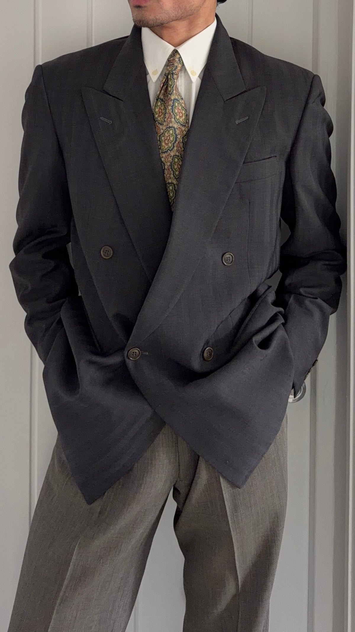 Cerruti 1990s Peaked Lapel Double Breasted Wool Sport Jacket Blazer Grey - Size L