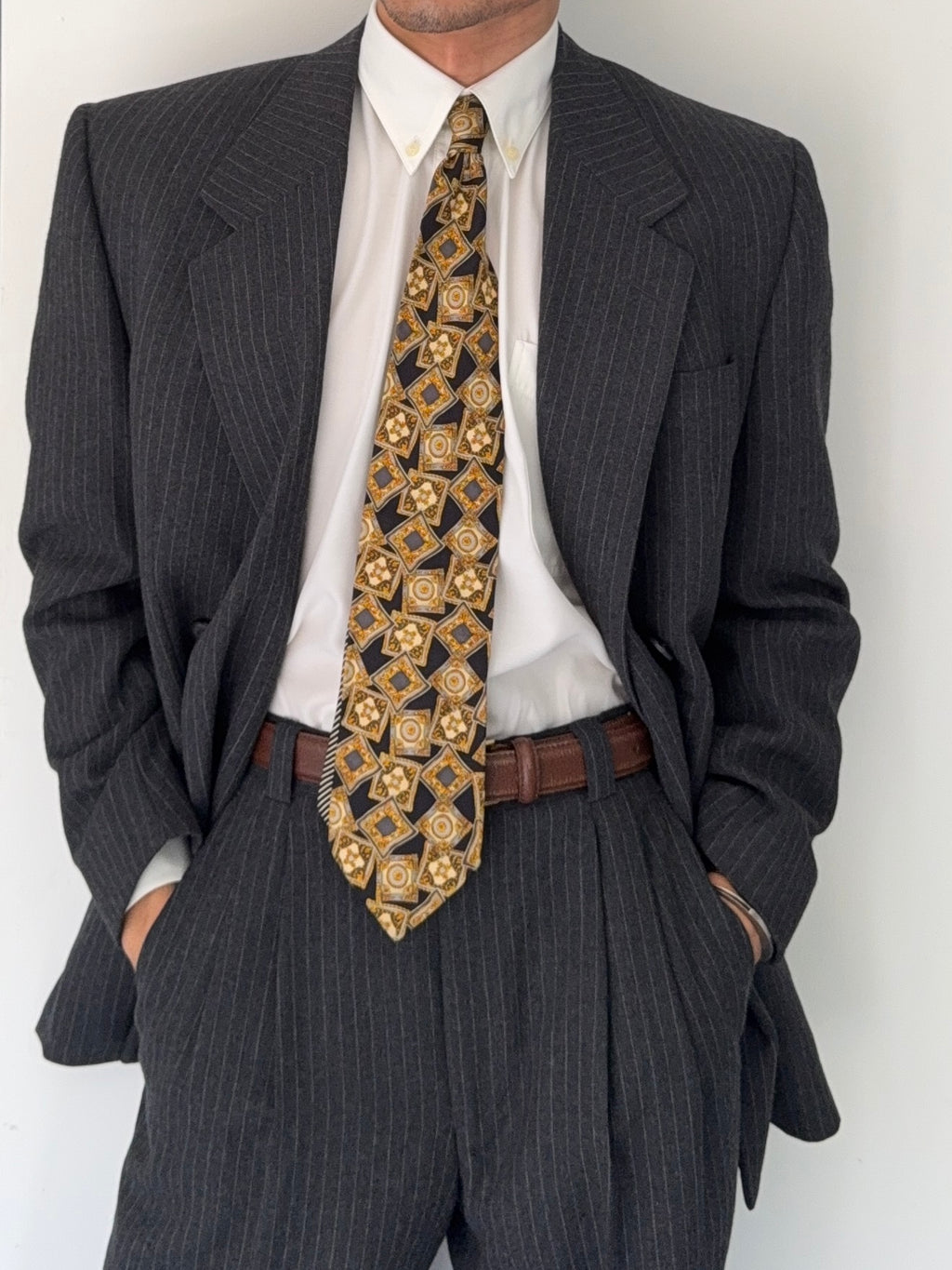 Versace 1980s Notch Lapel Double Breasted Pleated Wool Pinstriped Suit Grey - Size M Jacket / 32" Waist
