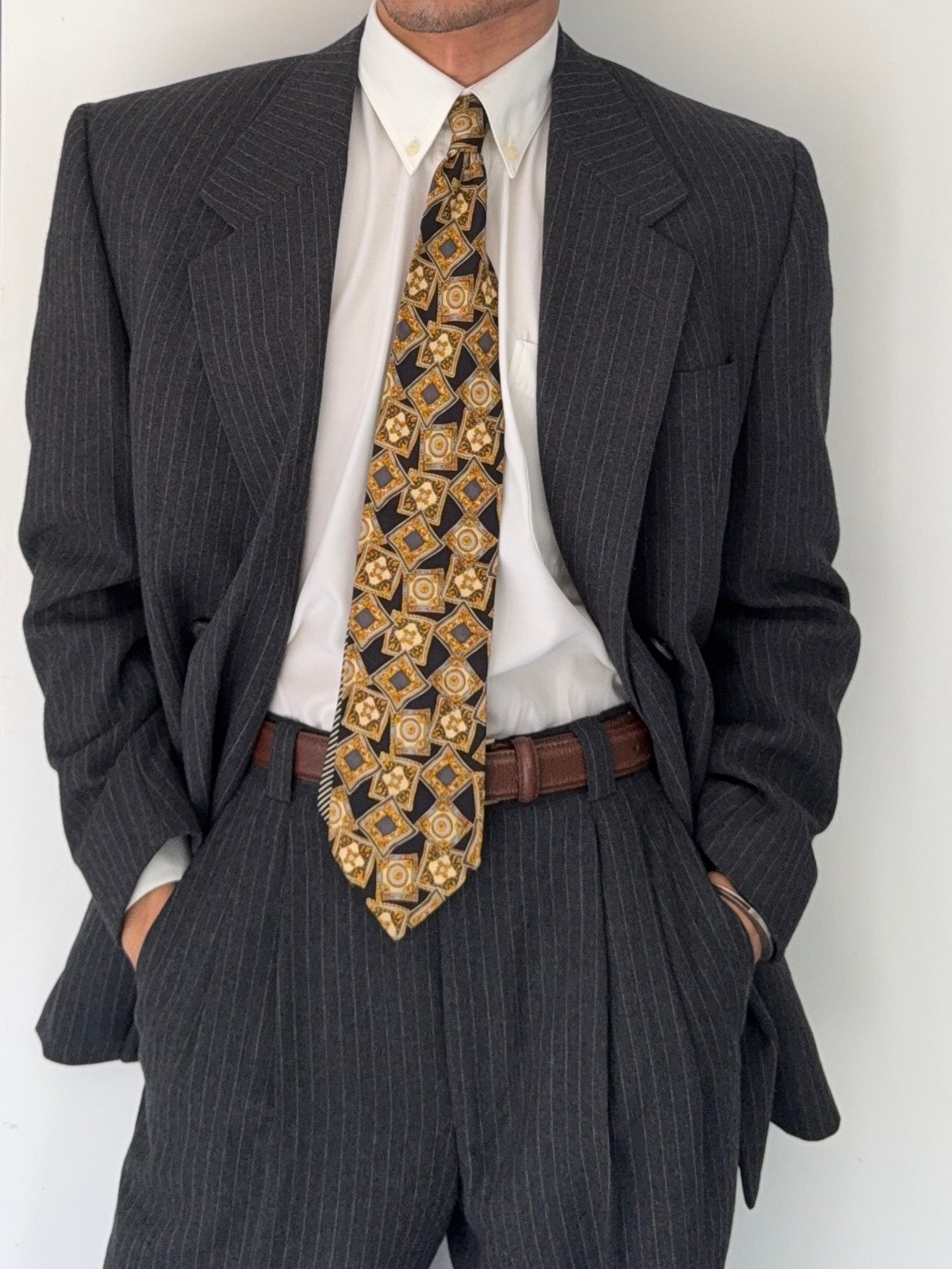 Versace 1980s Notch Lapel Double Breasted Pleated Wool Pinstriped Suit Grey - Size M Jacket / 32" Waist