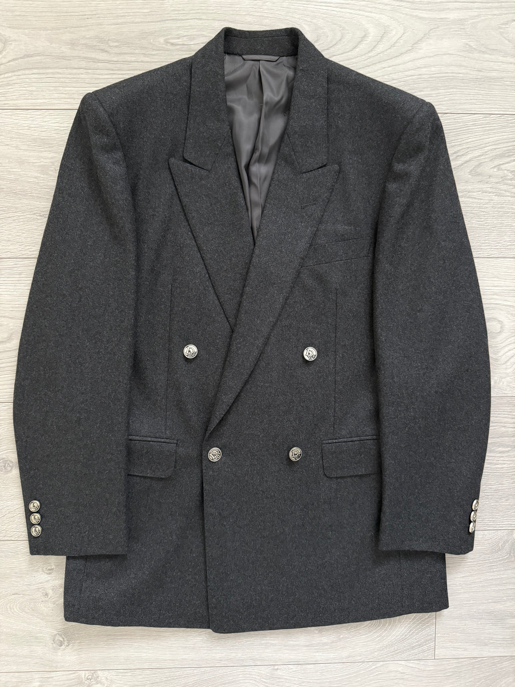 Christian Dior 1980s Peaked Lapel Double Breasted Metal Button Wool Suit - Size S Jacket / 29" Waist