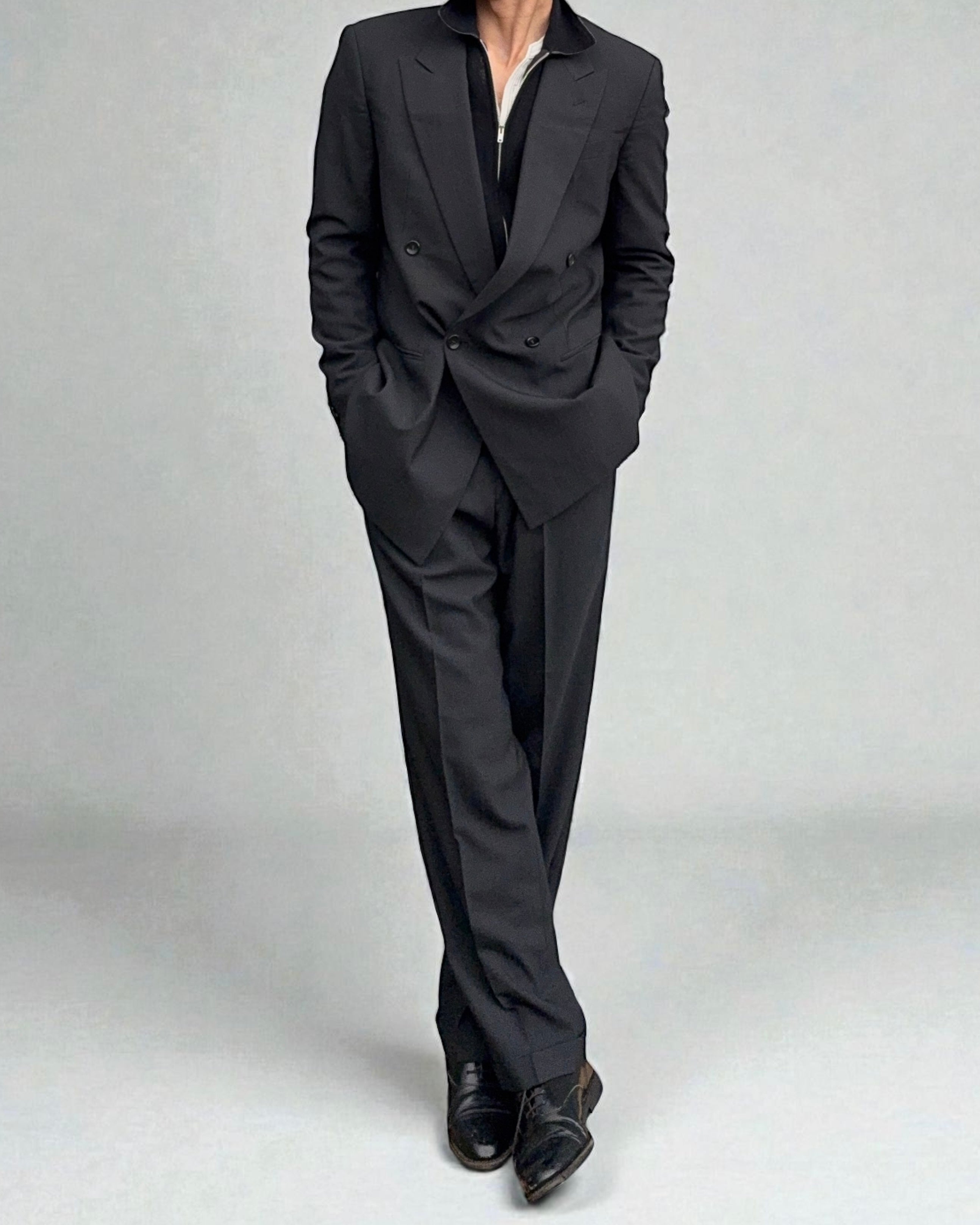 Armani 1990s Double Breasted Grey Striped Pleated Suit - Size M Jacket / 32" Waist