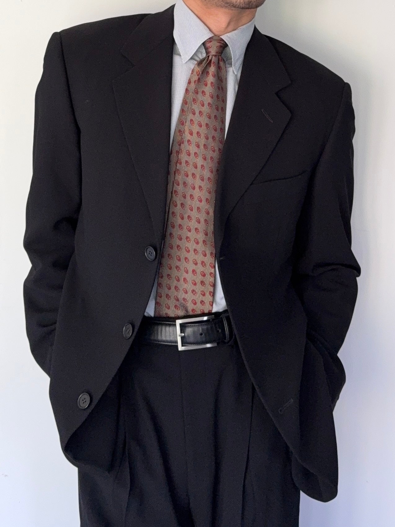 Giorgio Armani Black Label 1990s 3B Black Pleated Wool Draped Suit - Size M Jacket / 32" Waist