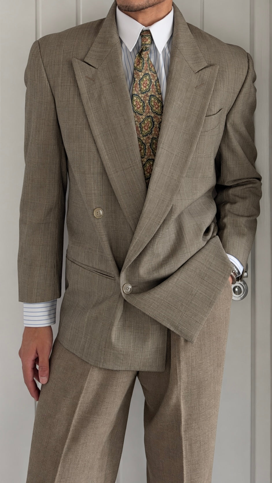 Emporio Armani 1980s Peaked Lapel Double Breasted Wool Check Sport Jacket Blazer - Size S