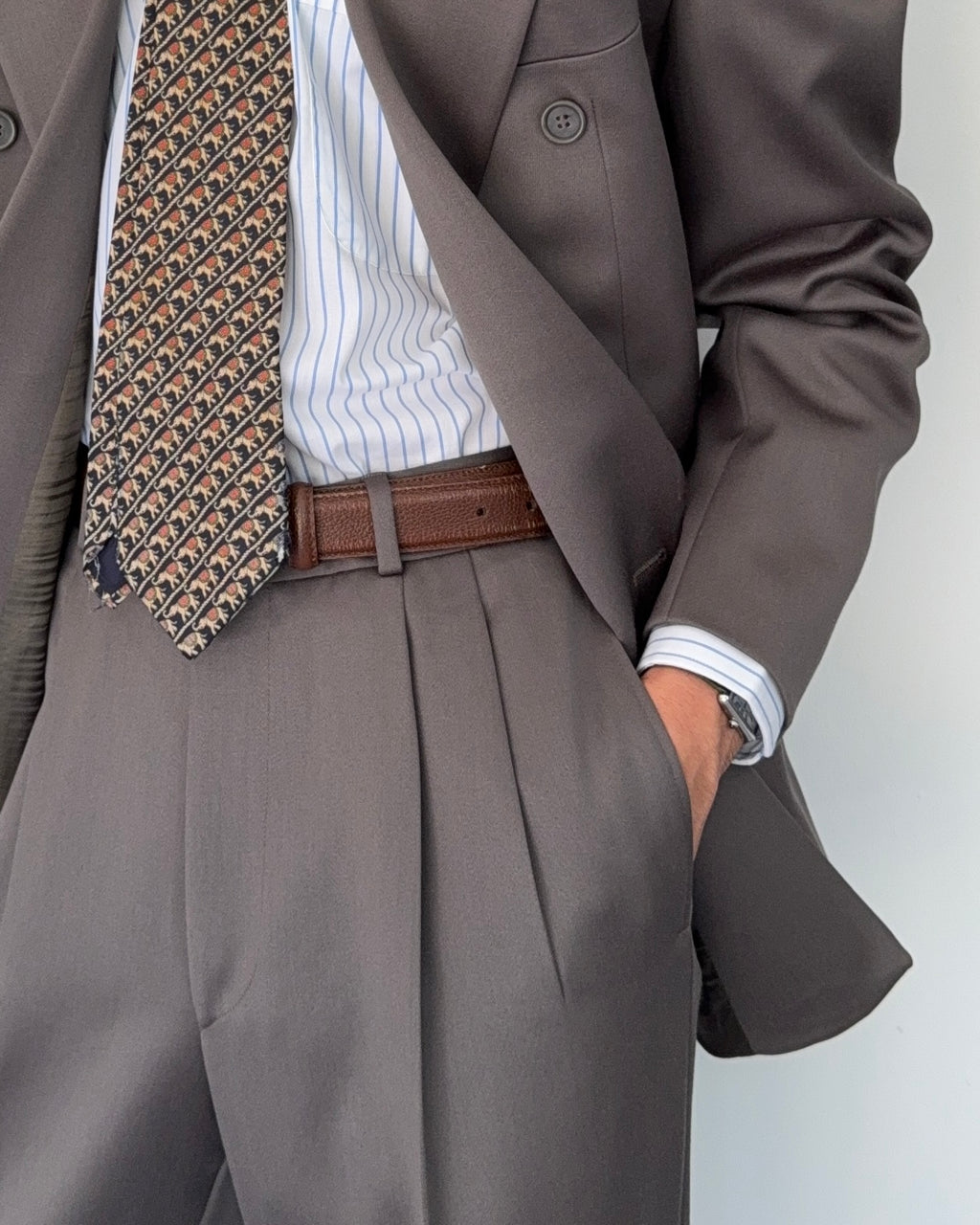 Hugo Boss 1980s 'Mitford' Peak Lapel Double Breasted Pleated Taupe Green Suit - Size L Jacket / 30" Waist