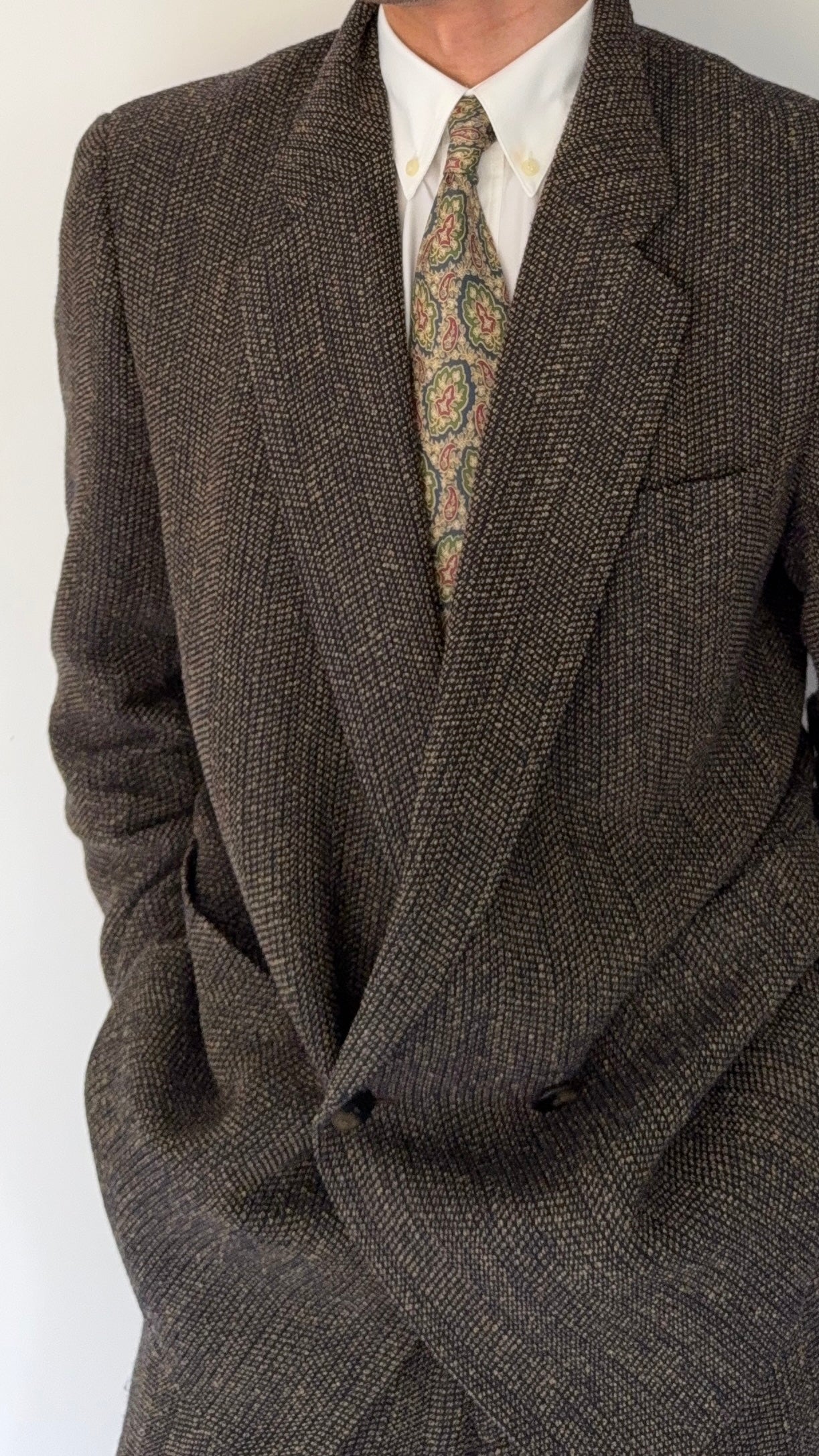 Umberto Ginocchietti 1980s Double Breasted Pleated Wool Textured Suit Brown - Size M Jacket / 30" Waist