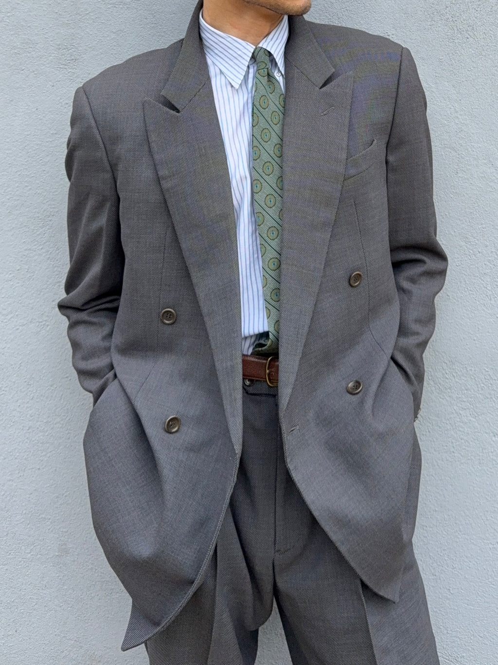 Armani 1990s Peaked Lapel Double Breasted Pleated Wool Grey Suit - Size L Jacket / 34" Waist