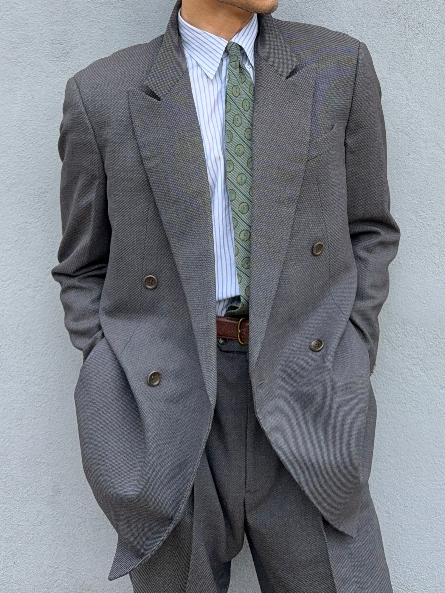 Armani 1990s Peaked Lapel Double Breasted Pleated Wool Grey Suit - Size L Jacket / 34" Waist