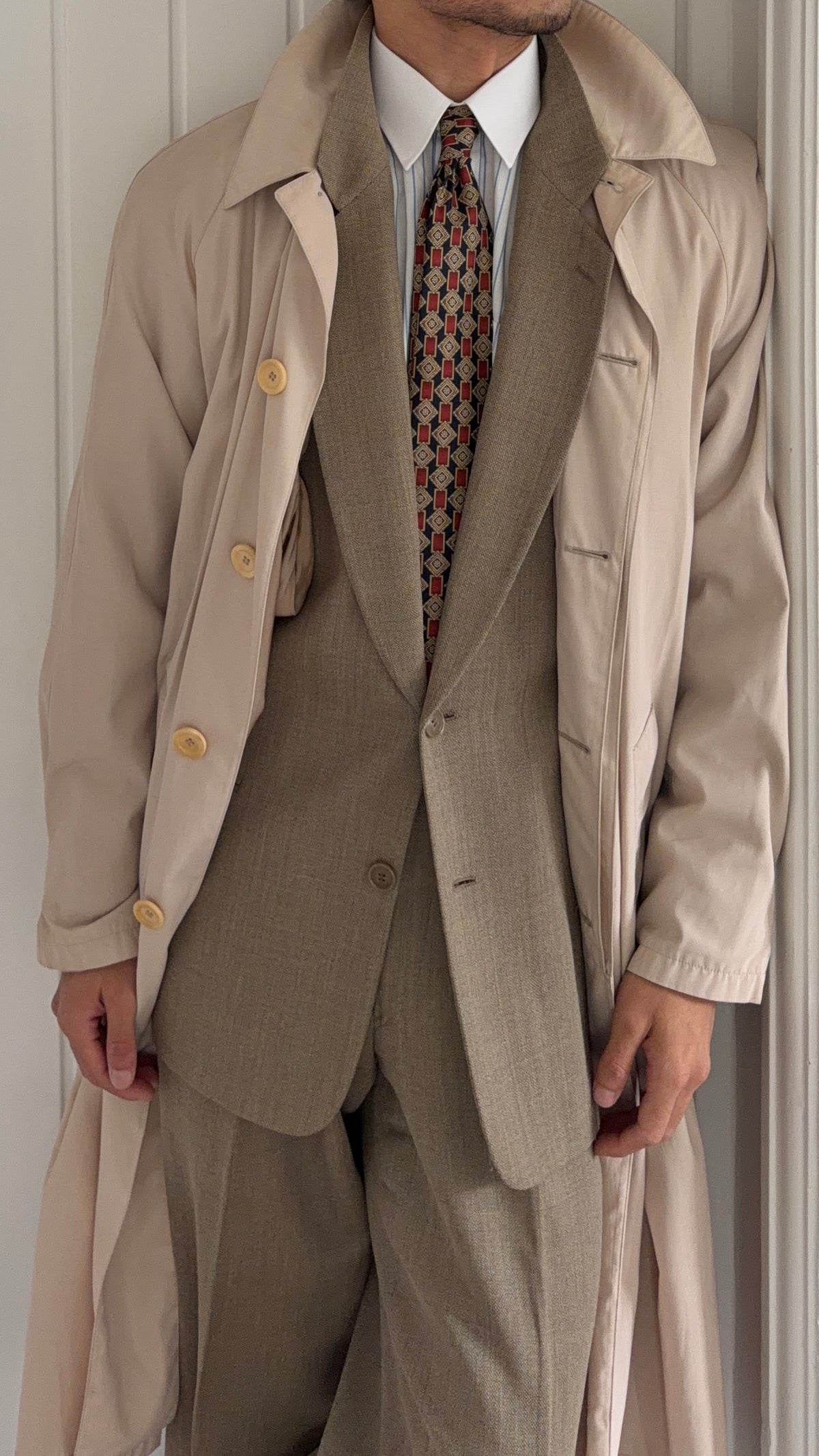 Giorgio Armani 1980s Taupe Beige Acetate Blend Mac Coat - Size L