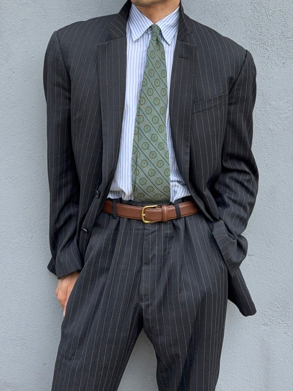 Armani 1990s 2B Charcoal Grey Striped Wool Suit - Size XXL Jacket / 38" Waist