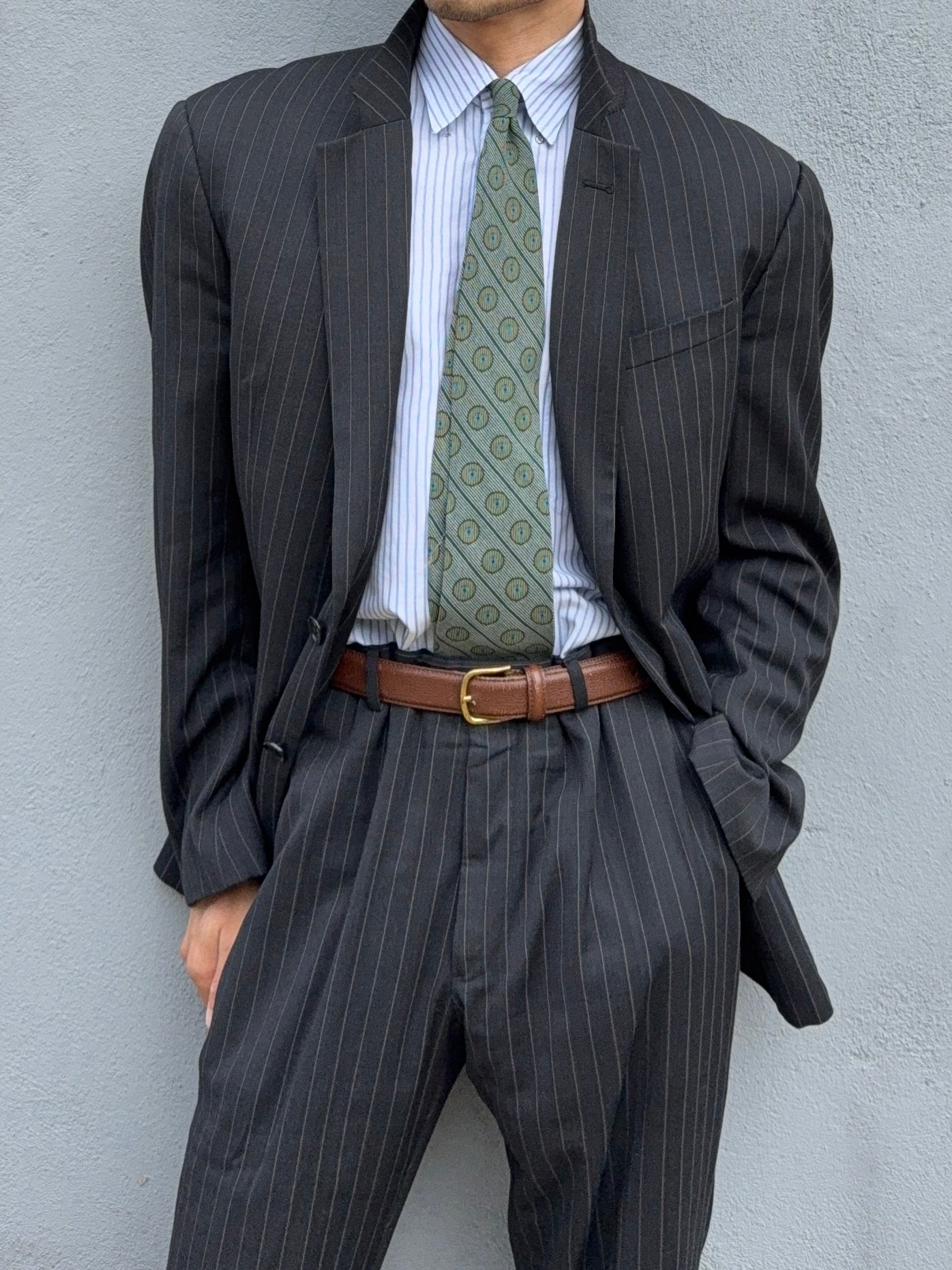 Armani 1990s 2B Charcoal Grey Striped Wool Suit - Size XXL Jacket / 38" Waist