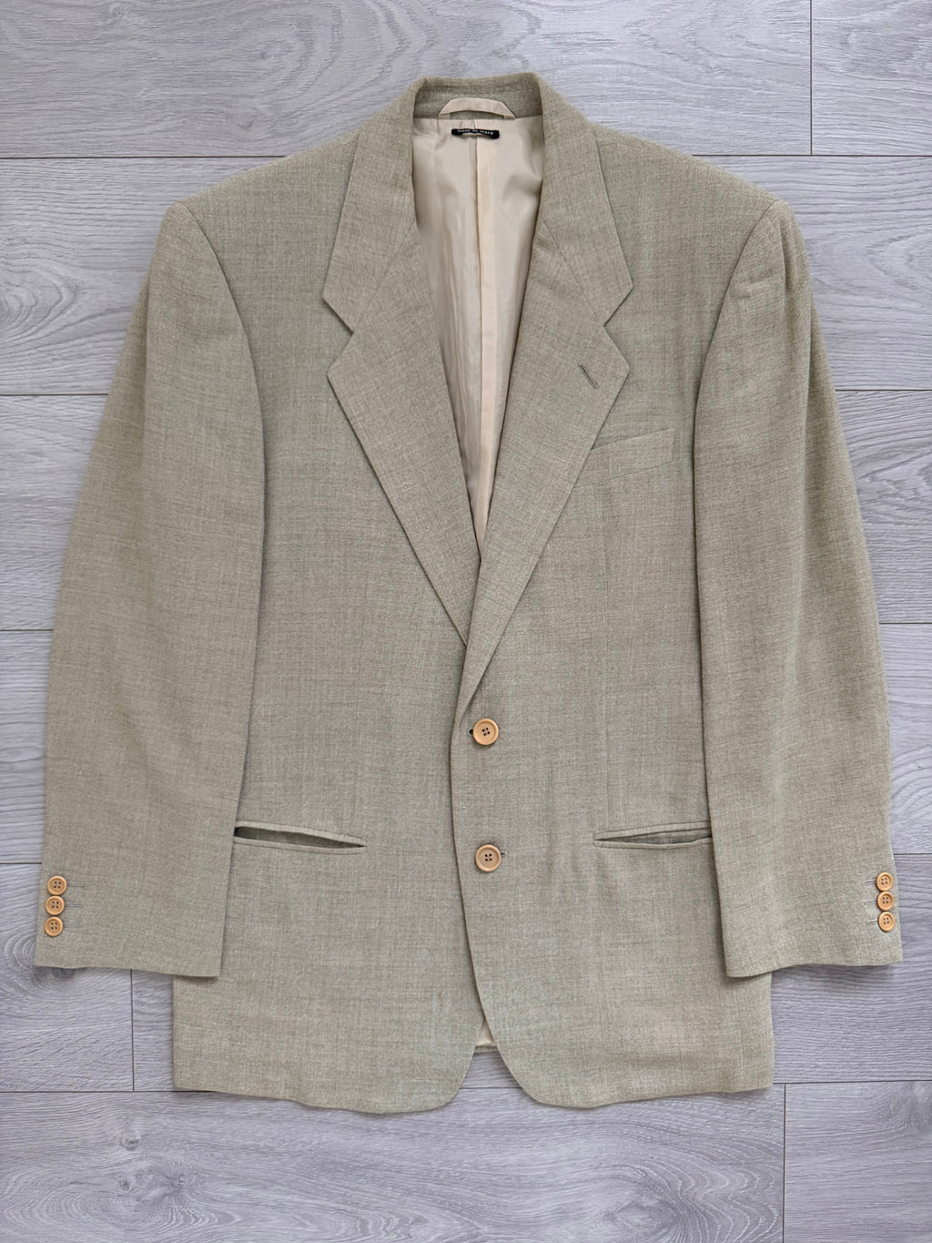 Giorgio Armani Black Label 1990s 2B Pleated Rayon Wool Draped Suit Taupe Beige - Size S Jacket / 29" Waist