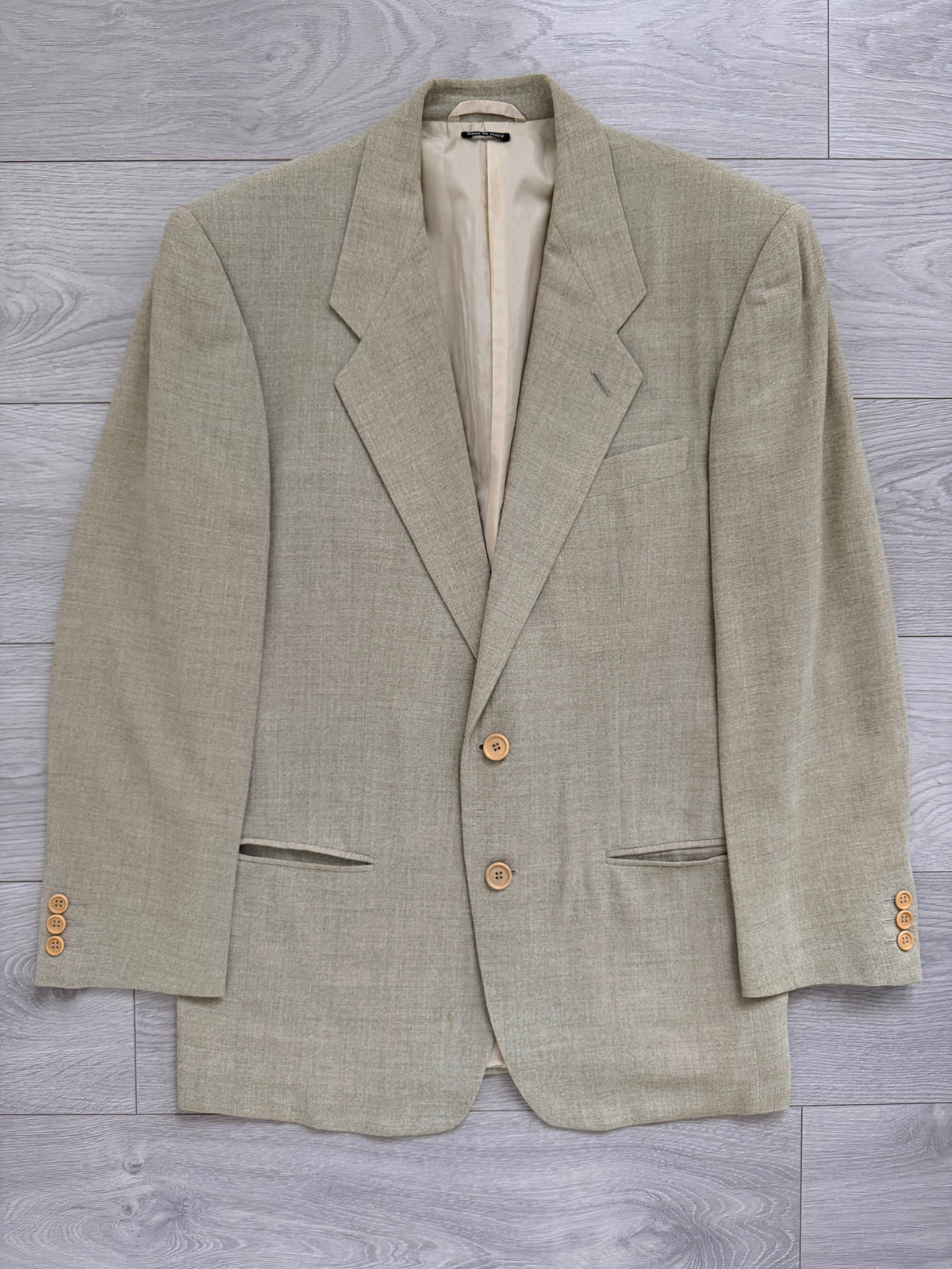Giorgio Armani Black Label 1990s 2B Pleated Rayon Wool Draped Suit Taupe Beige - Size S Jacket / 29" Waist