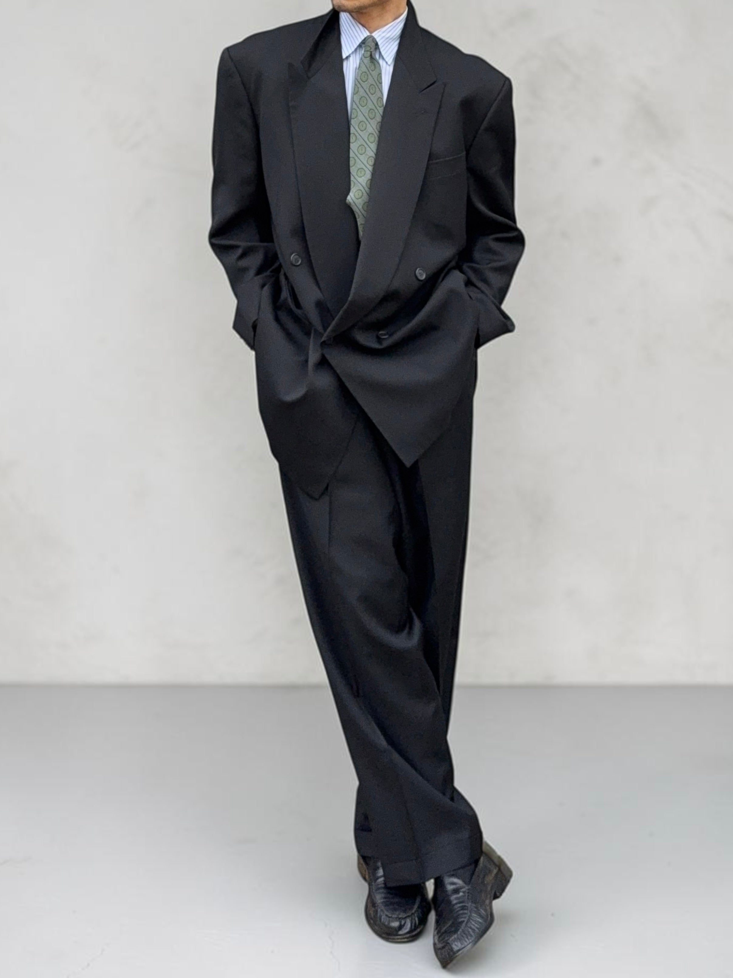 Giorgio Armani 1980s Peaked Lapel Double Breasted Pleated Black