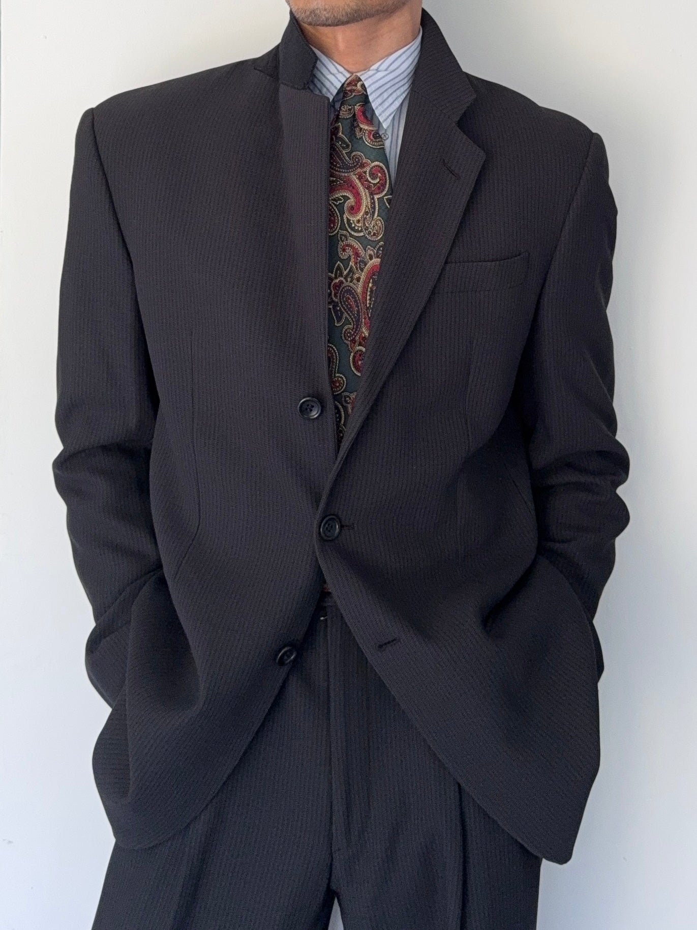 Armani 1990s 3B Draped Woven Wool Pleated Suit - Size L Jacket / 34" Waist
