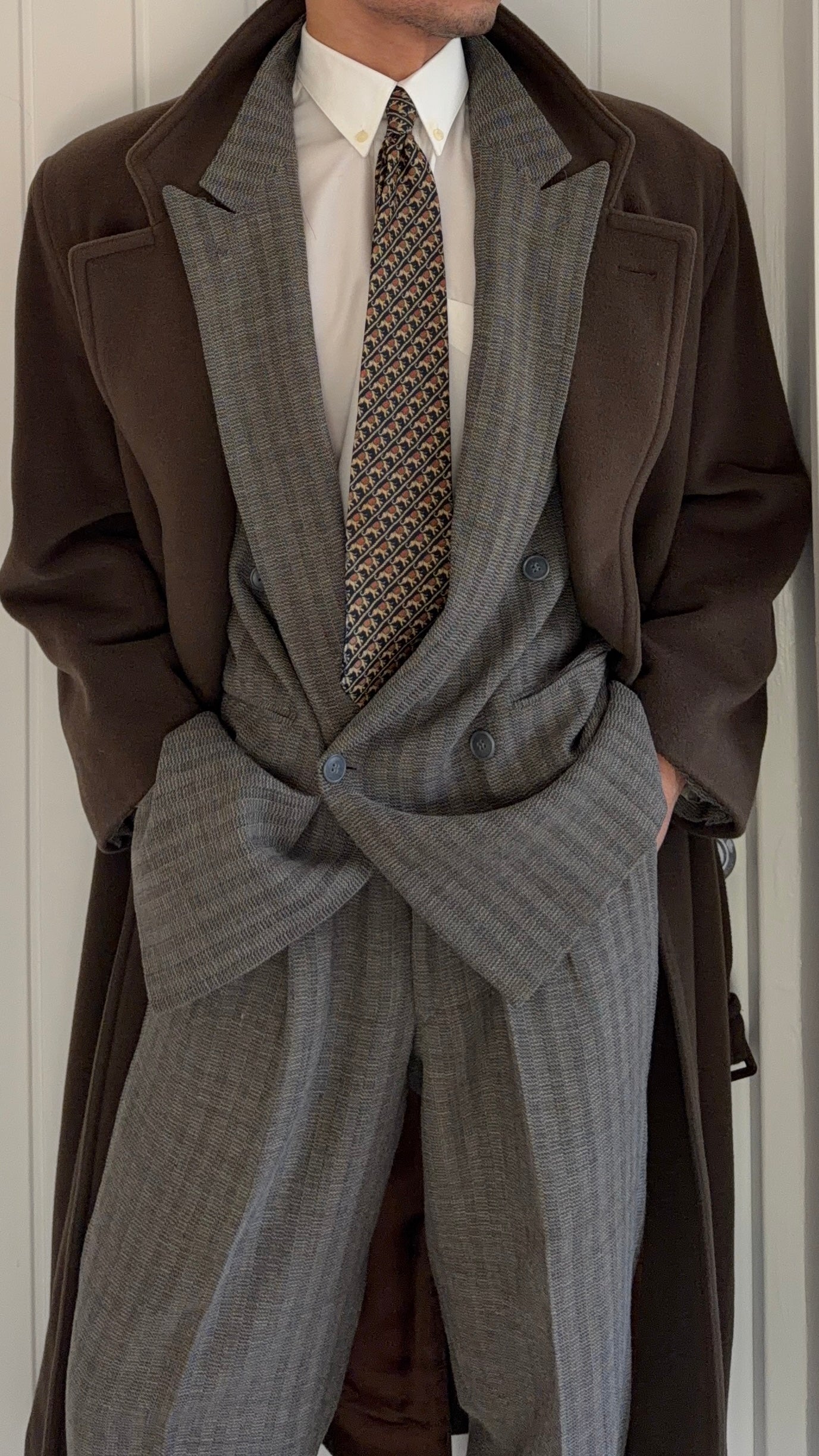 Hugo Boss 1980s Double-Breasted Belted Wool Brown Coat - Size M