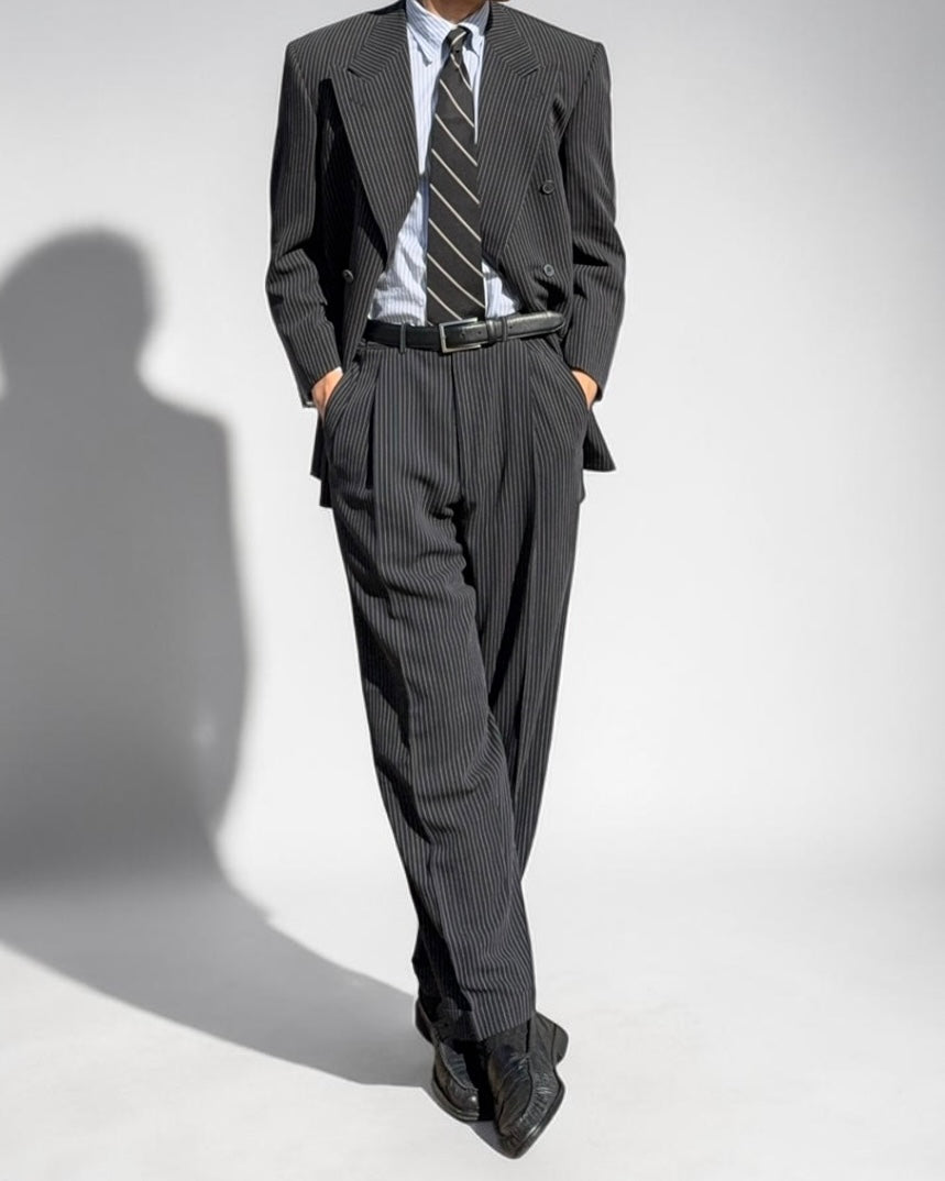 Valentino 1980s 6B Double Breasted Wool Pinestripe Power Suit - Size M Jacket / 32" Waist