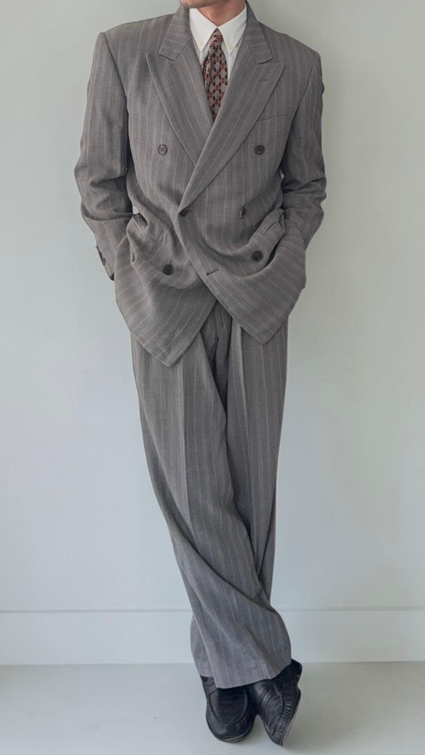 Basile 1980s Peaked Lapel Double Breasted Pleated Textured Wool Suit - Size M Jacket / 31" Waist