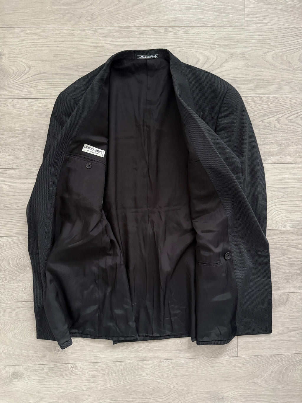 Giorgio Armani 1980s Double Breasted Pleated Wool Suit Charcoal Grey New - Size L Jacket / 32" Waist