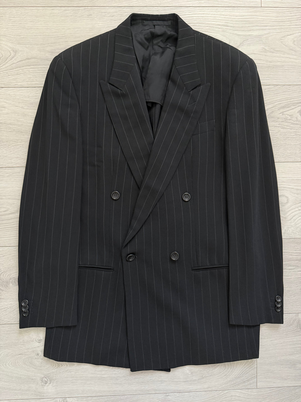 Armani 1990s Peaked Lapel Double Breasted Pinstripe Textured Wool Suit - Size M Jacket / 31" Waist