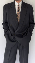 Armani 1990s Peaked Lapel Double Breasted Pleated Wool Silk Suit Dark Forest Green - Size L Jacket / 34" Waist