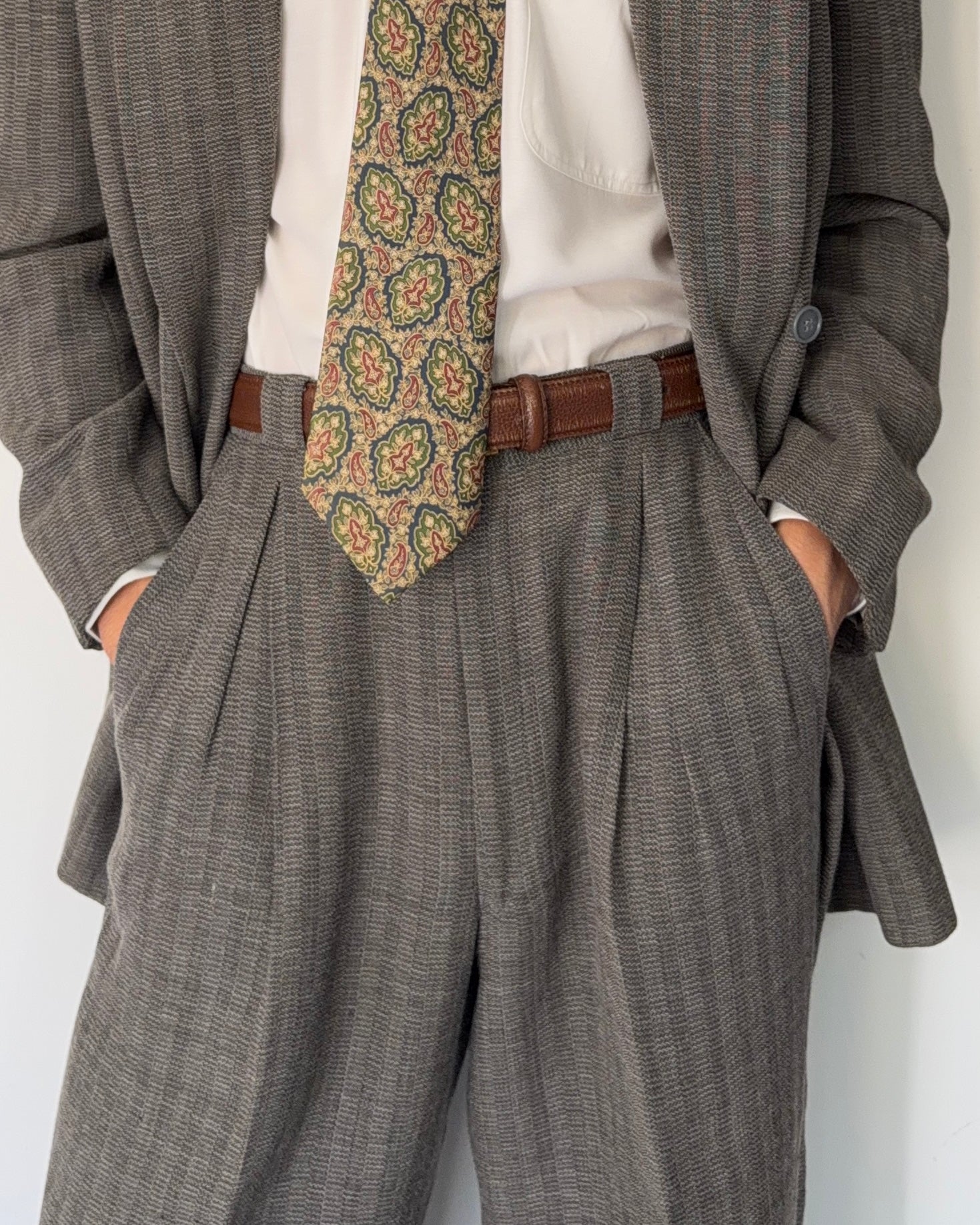 Emporio Armani 1980s Peaked Lapel Double Breasted Textured Wool Pleated Suit - Size S Jacket / 28" Waist