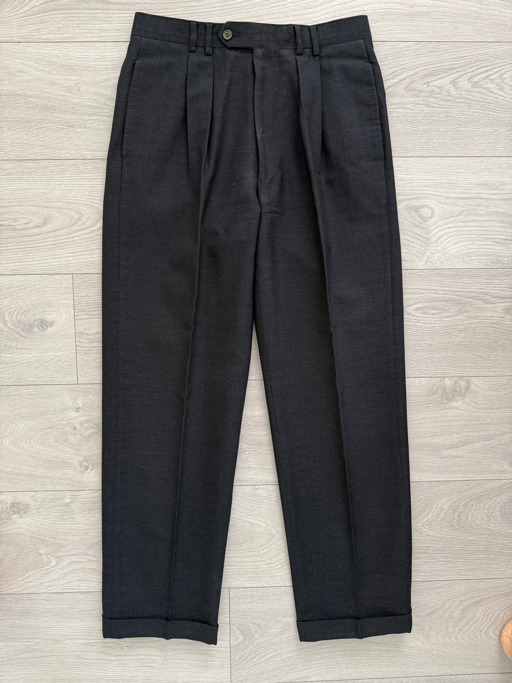 Krizia Armani 1990s Peaked Lapel Double Breasted Pleated Wool Suit Navy - Size M Jacket / 31" Waist