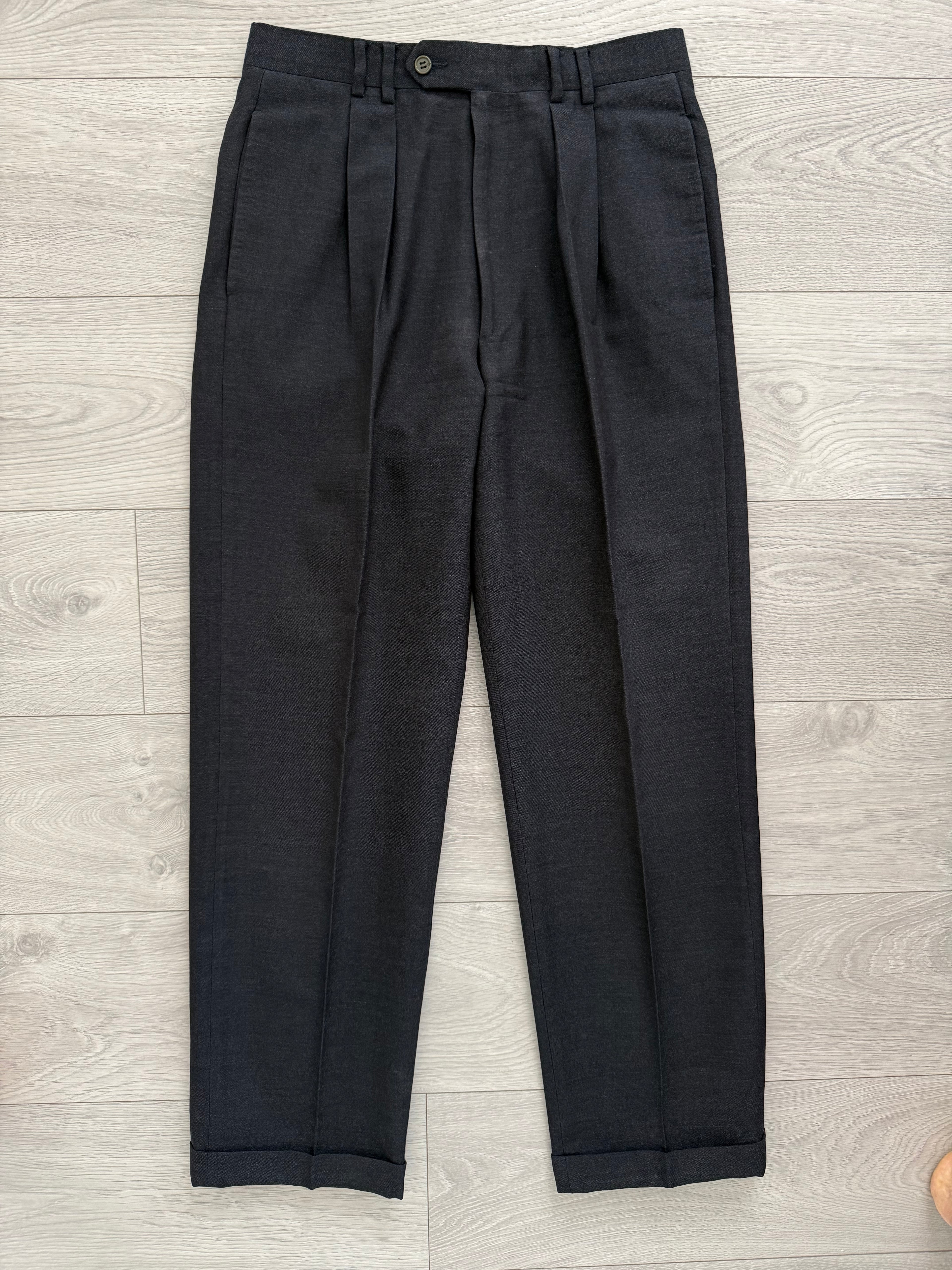 Krizia Armani 1990s Peaked Lapel Double Breasted Pleated Wool Suit Navy - Size M Jacket / 31" Waist