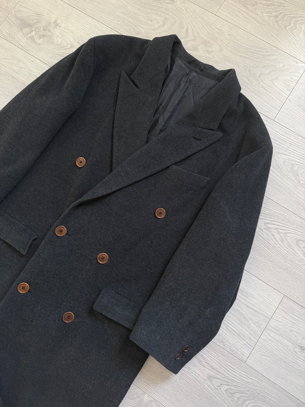 Hugo Boss 1980s 'Facel Vega' Double-Breasted Peaked Lapel Long Wool Coat - Size L