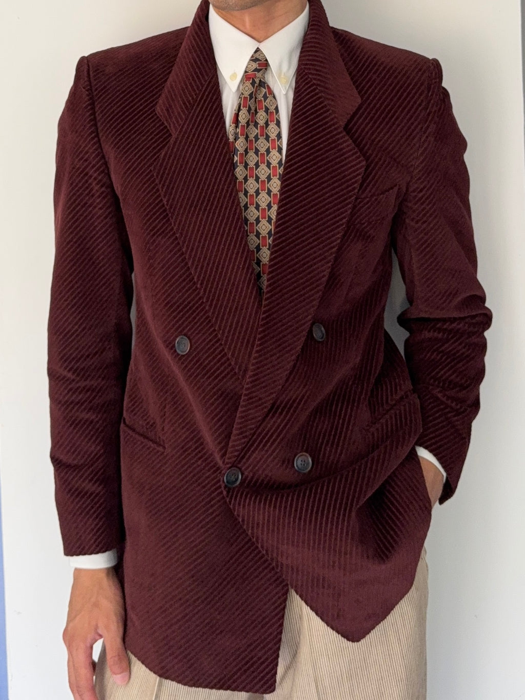 Hugo Boss 1980s Special Order Burgundy Double Breasted Cotton Sport Blazer Jacket - Size S