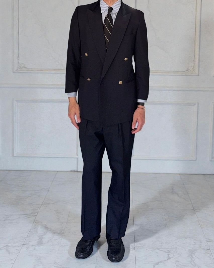 Burberry 1980s Peaked Lapel Double Breasted Pleated Wool Suit Navy - Size S Jacket / 32" Waist