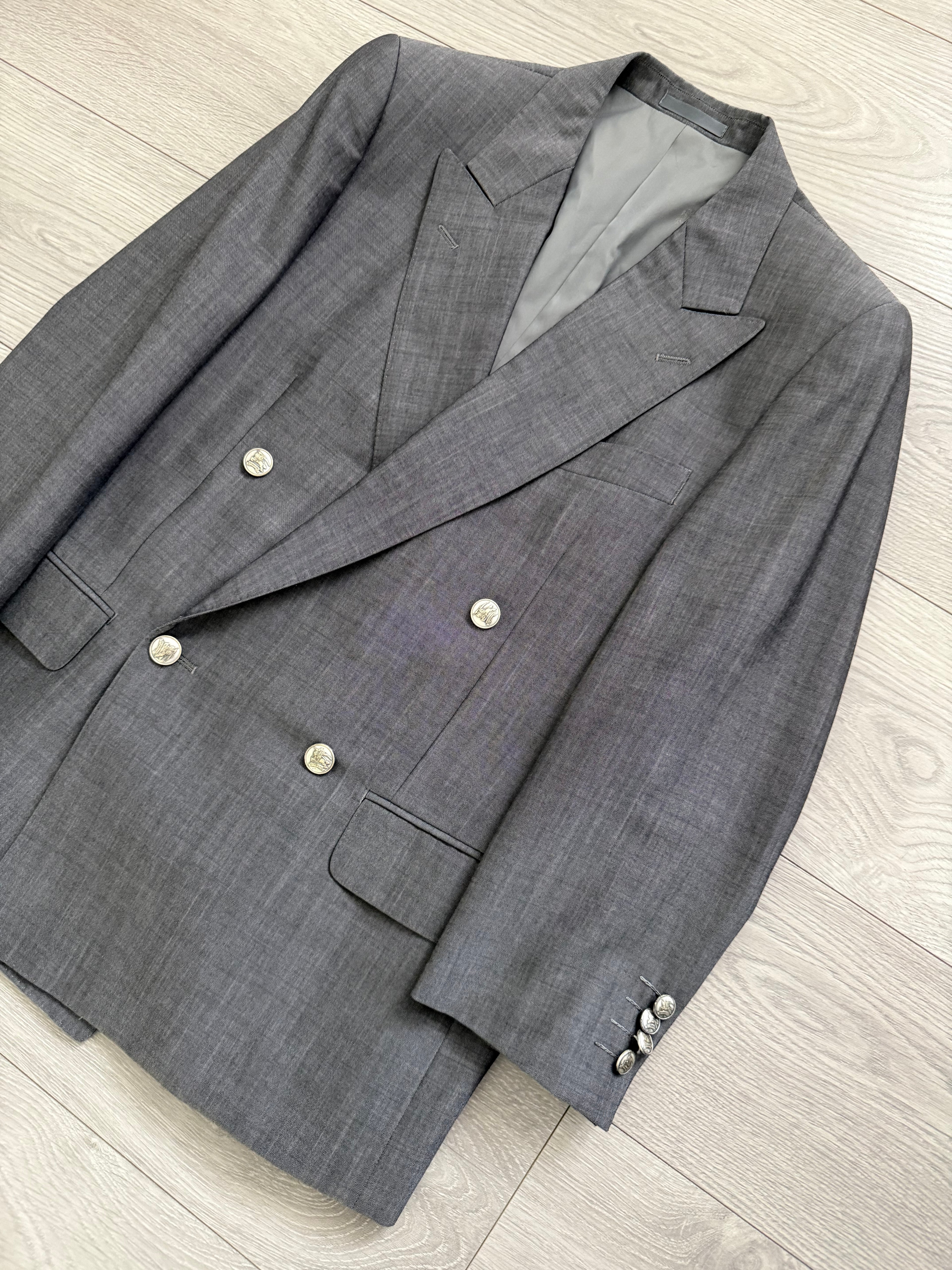 Burberry 1980s Peaked Lapel Double Breasted Pleated Wool Suit Grey - Size S Jacket / 32" Waist