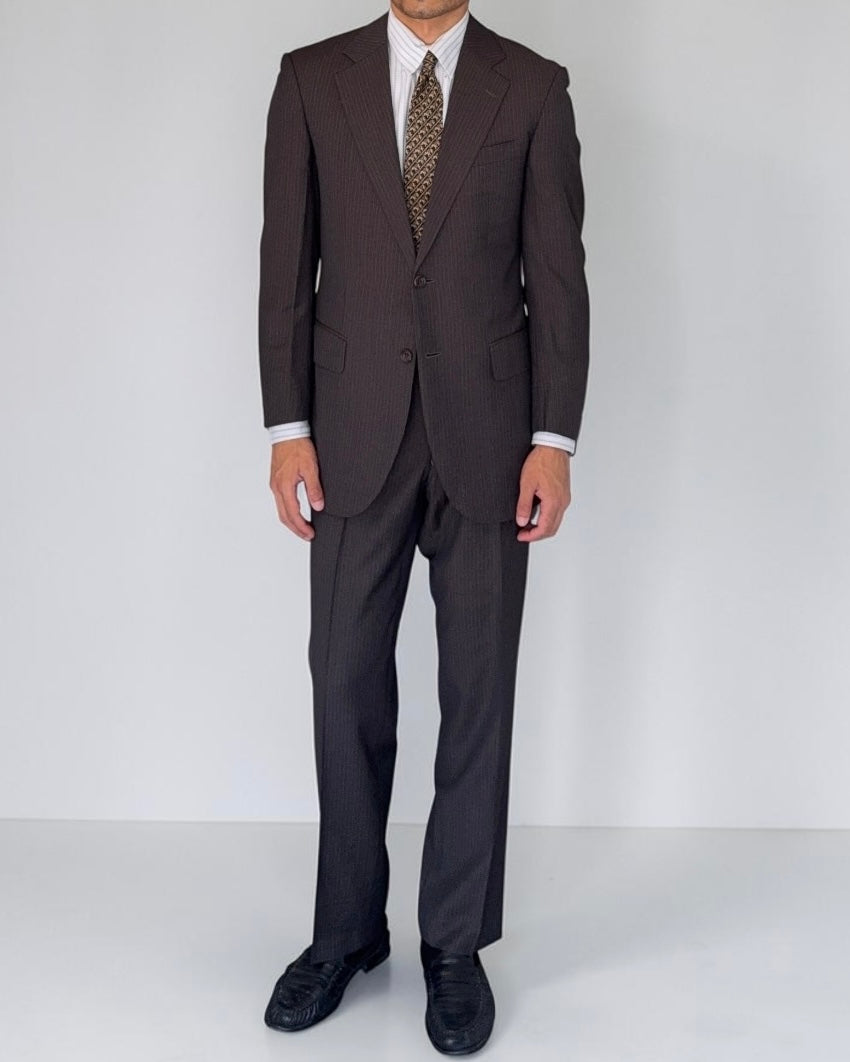 Burberry 1990s 2B Striped Wool Double-Pleat Espresso Grey Suit - Size M Jacket / 33" Waist