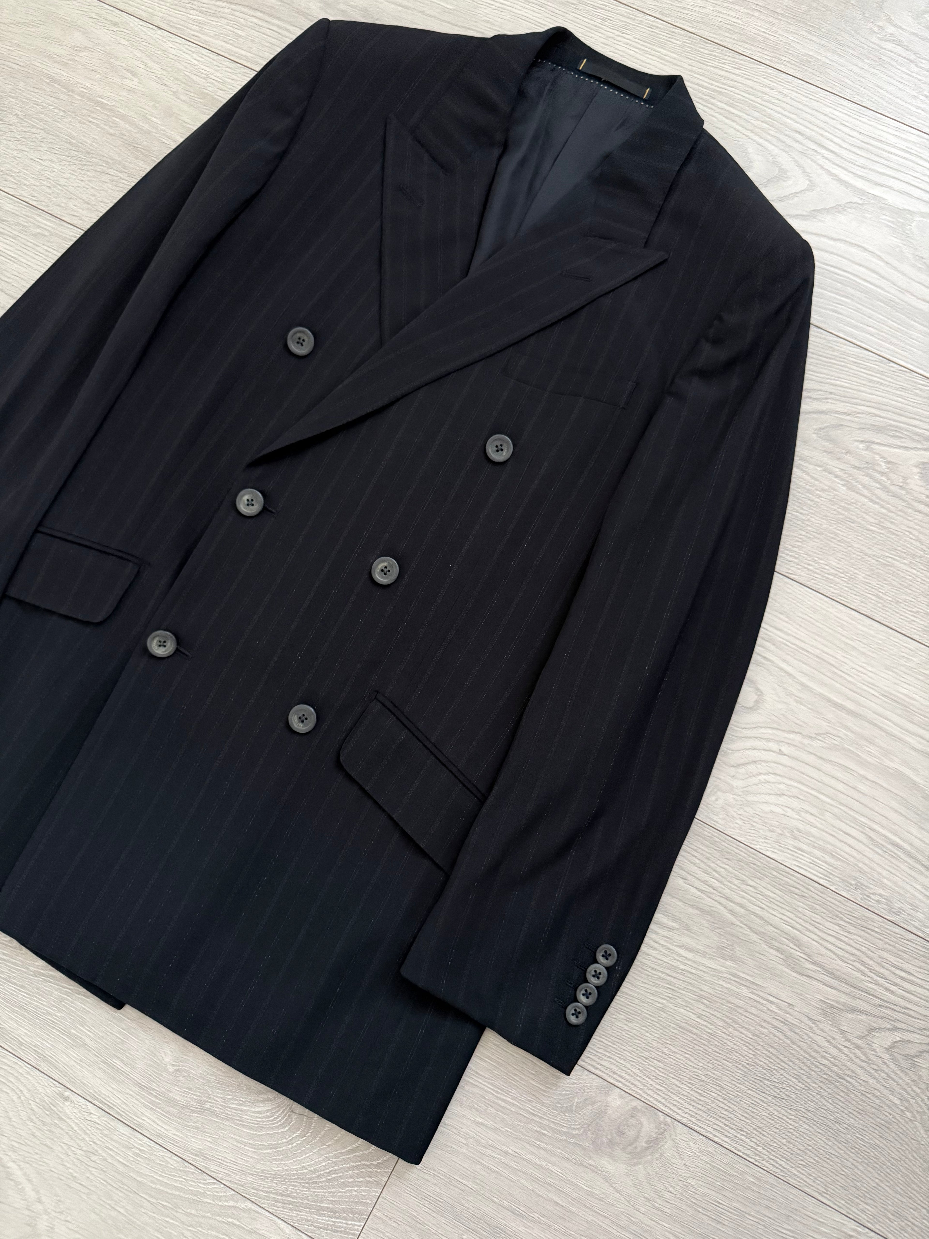 Versace 1980s 6B Peaked Lapel Double Breasted Pleated Wool Striped Suit - Size S Jacket / 33" Waist