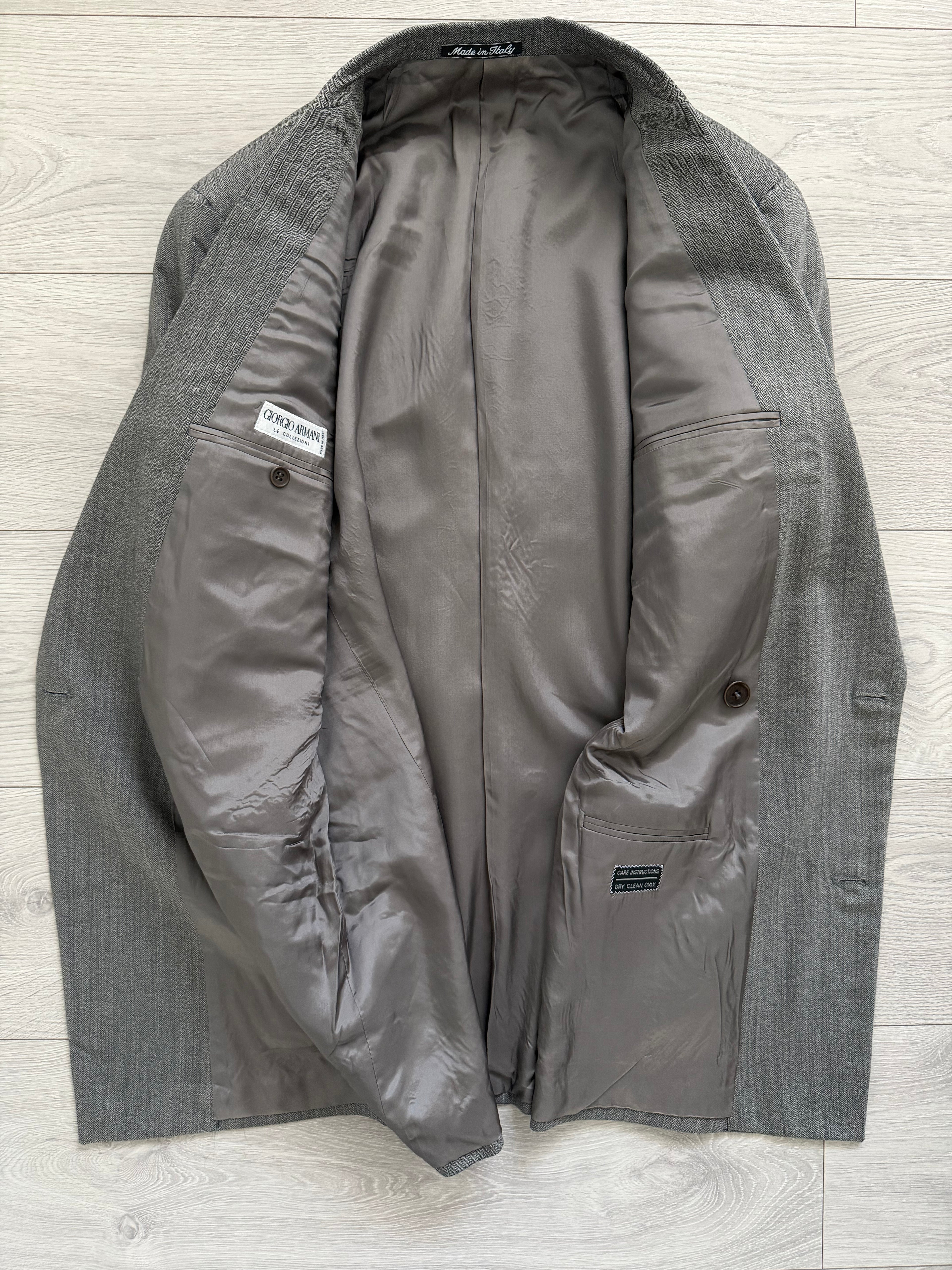 Giorgio Armani 1980s Peaked Lapel Double Breasted Herringbone Wool Grey Suit - Size M Jacket / 32" Waist