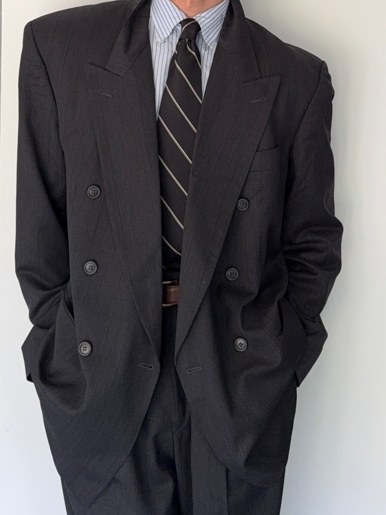 Hugo Boss 1980s 'Al Capone' Double Breasted Pleated Wool Cashmere Suit - Size XXL Jacket / 36" Waist