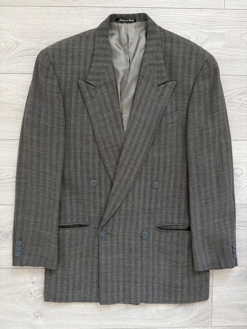 Emporio Armani 1980s Peaked Lapel Double Breasted Textured Wool Pleated Suit - Size S Jacket / 28" Waist