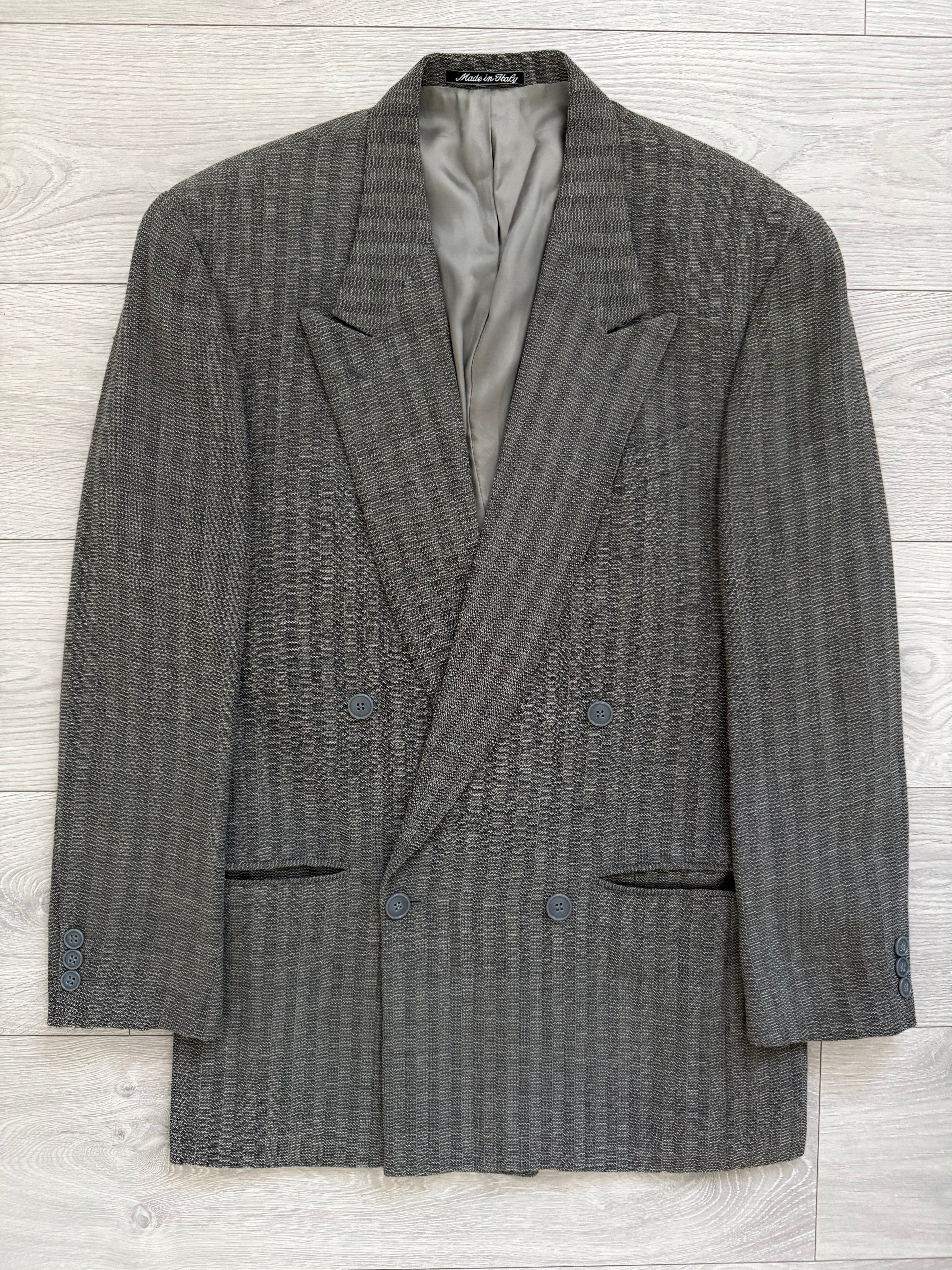 Emporio Armani 1980s Peaked Lapel Double Breasted Textured Wool Pleated Suit - Size S Jacket / 28" Waist