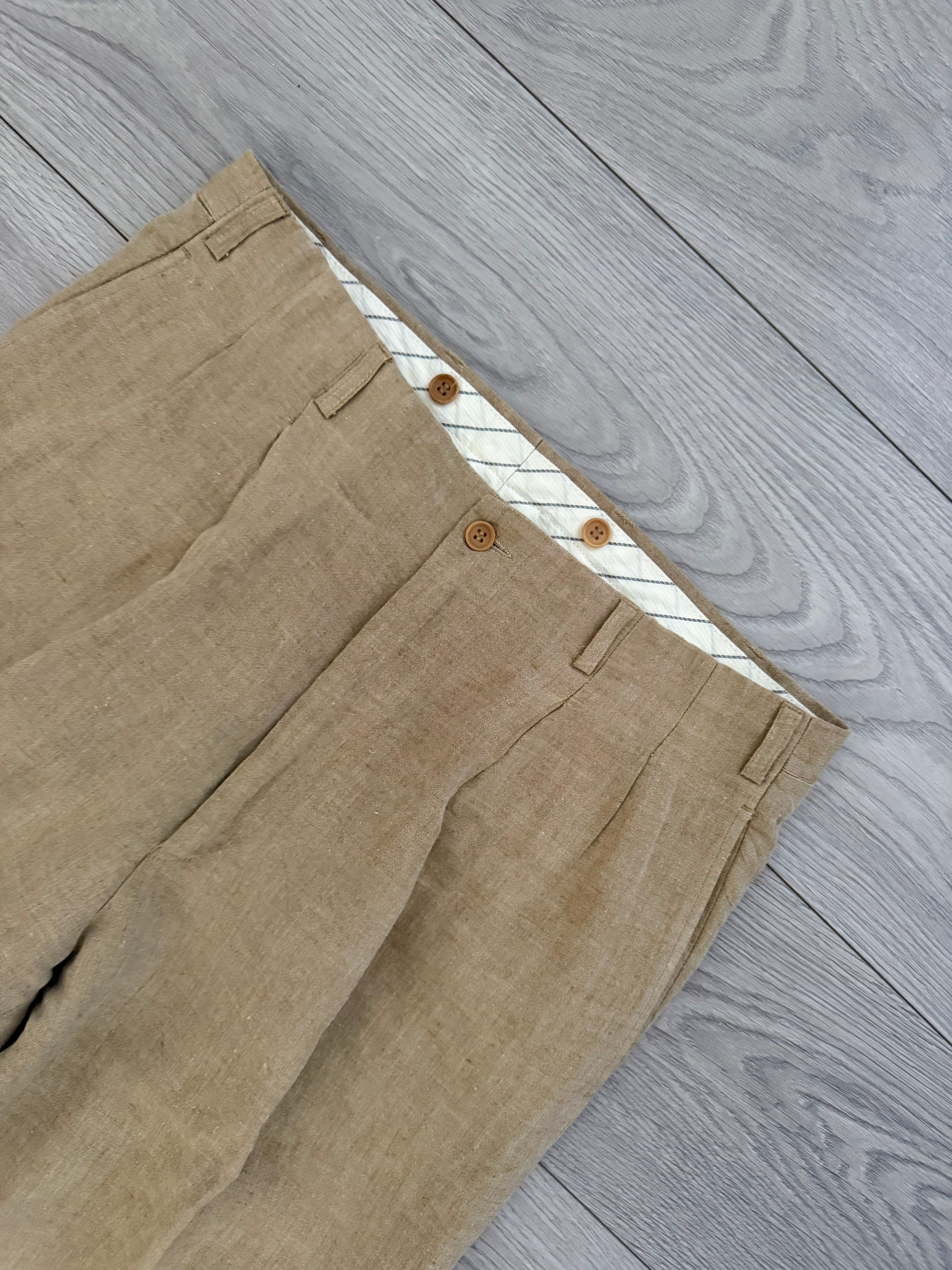 Emporio Armani 1990s Linen High Waisted Pleated Beige Pants - Size 33" Waist