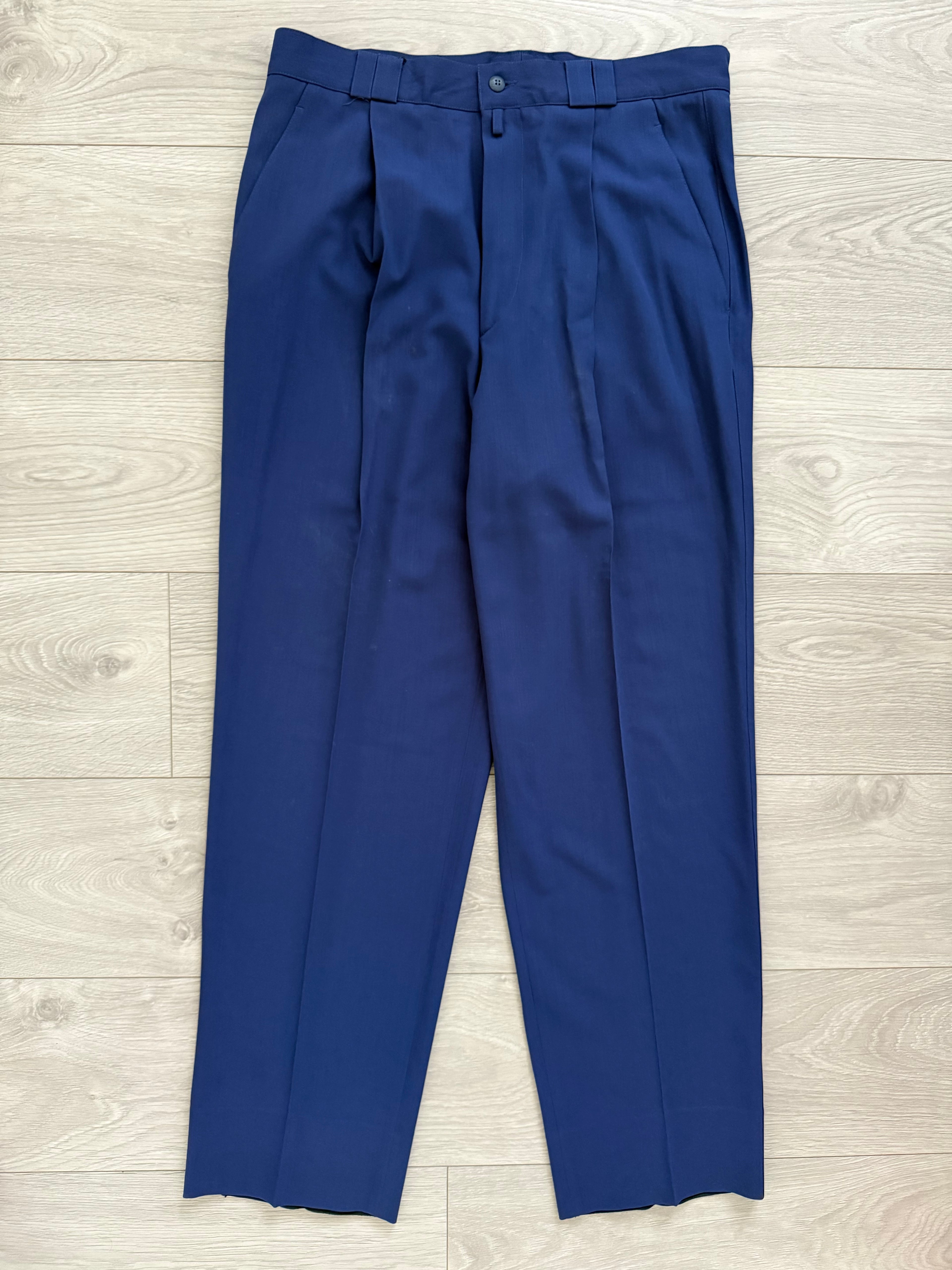 Versace 1980s Draped Hidden Button Peaked Lapel Double Breasted Pleated Wool Suit - Size L Jacket / 32" Waist