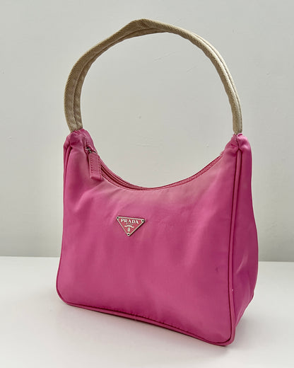 Prada 00s Vela Nylon Plaque Logo Pink Mini Hobo Bag