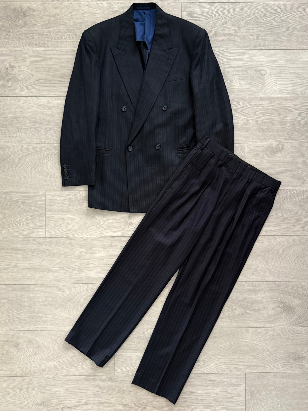 Yves Saint Laurent 1990s Double Breasted Pleated Striped Wool Navy Suit - Size M Jacket / 30" Waist
