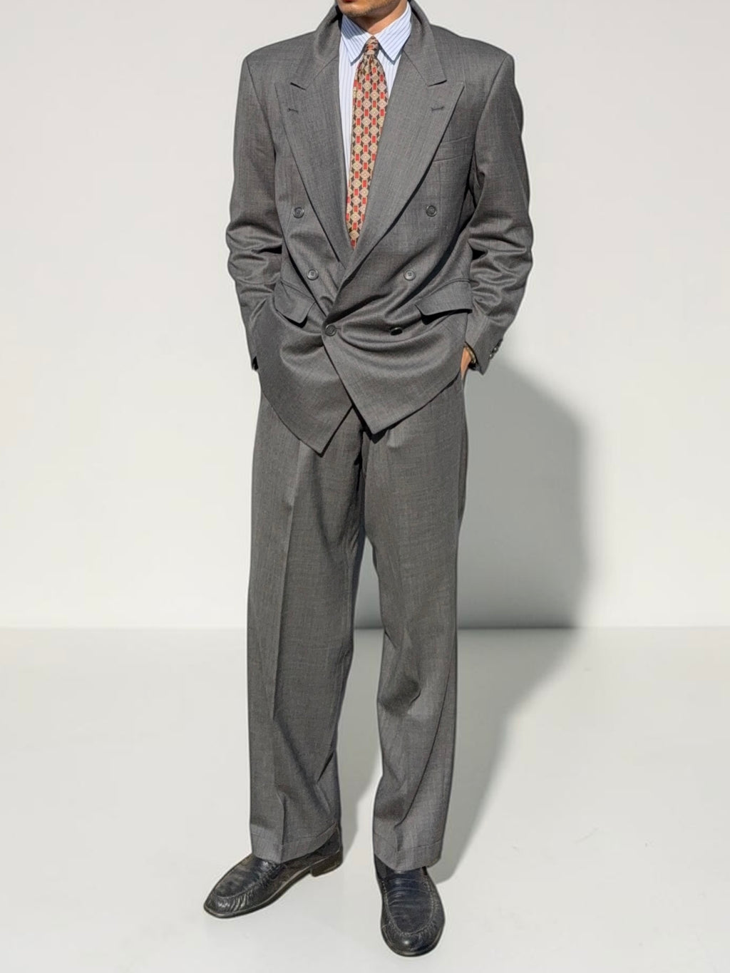 Hugo Boss 1980s 'Bassini Chicago' Peaked Lapel Double Breasted Pleated Wool Cashmere Suit - Size S Jacket / 30" Waist