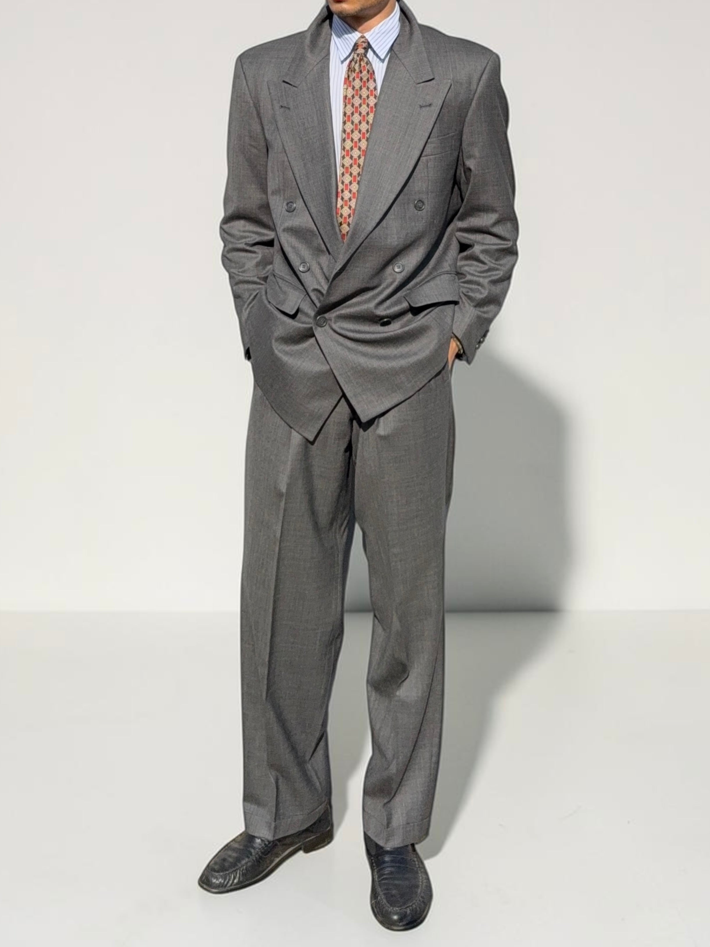 Hugo Boss 1980s 'Bassini Chicago' Peaked Lapel Double Breasted Pleated Wool Cashmere Suit - Size S Jacket / 30" Waist