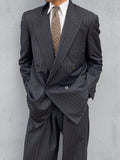 Versace 1980s Peak Lapel Double Breasted Triple Pleated Wool Striped Suit - Size L Jacket / 33" Waist