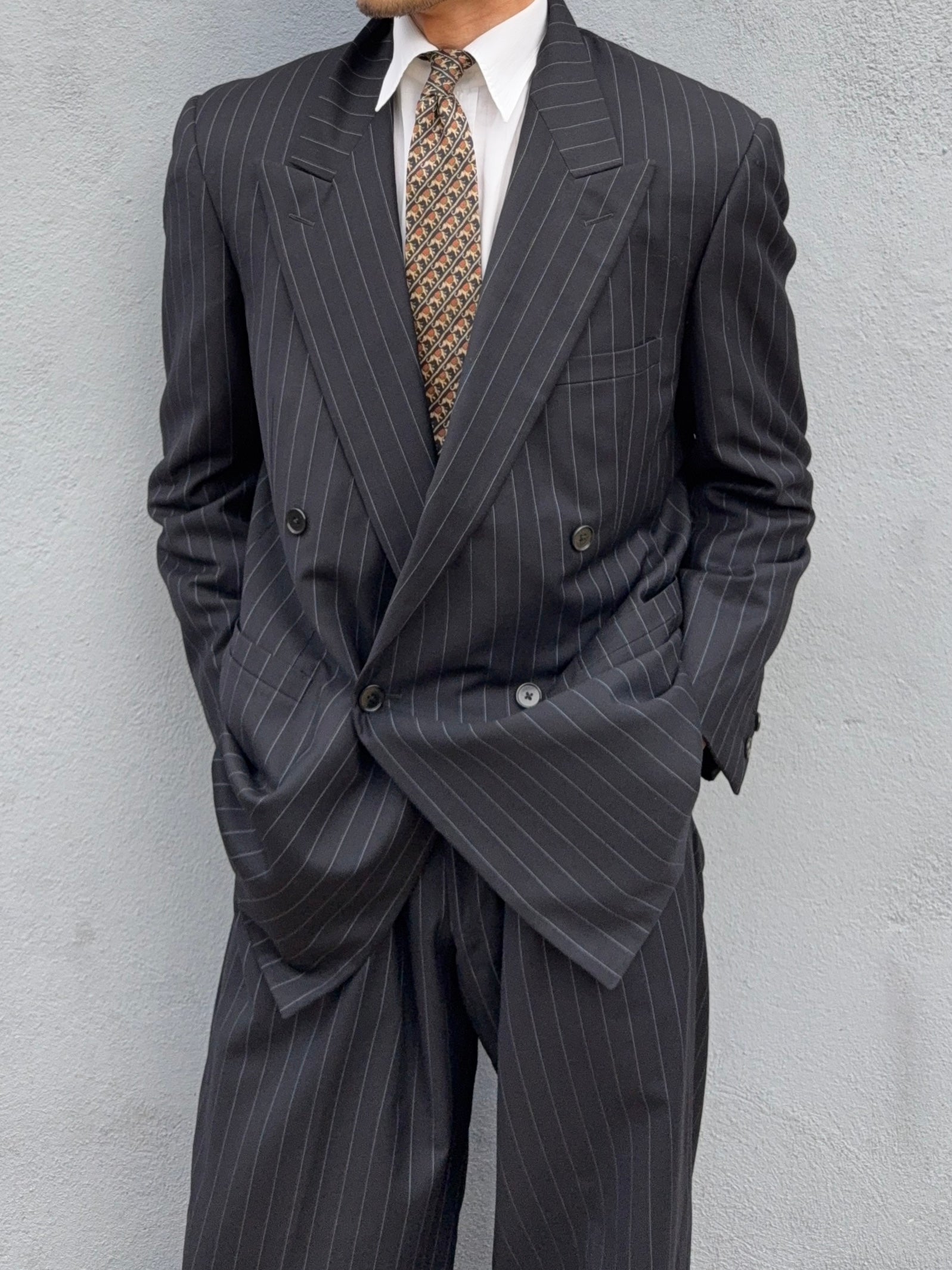 Versace 1980s Peak Lapel Double Breasted Triple Pleated Wool Striped Suit - Size L Jacket / 33" Waist