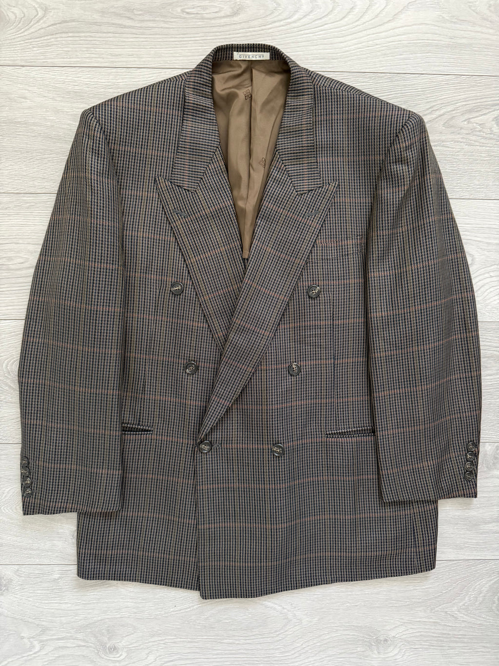 Givenchy 1980s Wool Check Peaked Lapel Double Breasted Sports Jacket Blazer - Size XL