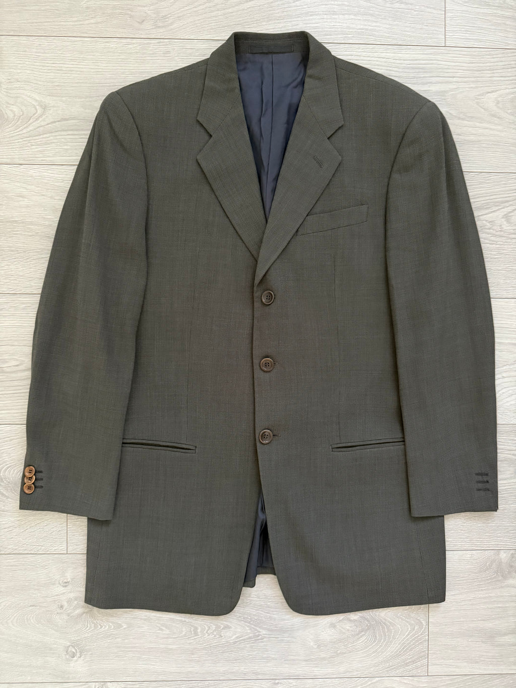 Armani 1990s 3B Textured Wool Pleated Taupe Grey Suit - Size M Jacket / 32" Waist