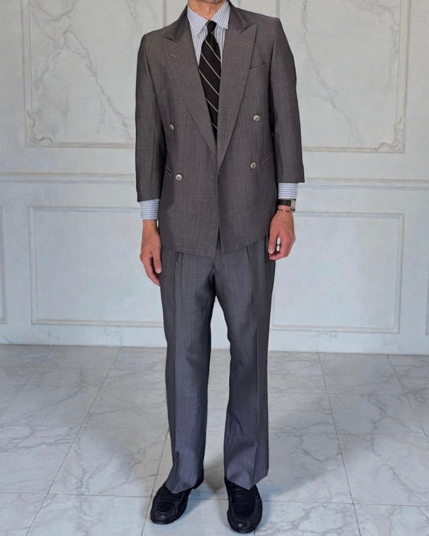 Burberry 1980s Peaked Lapel Double Breasted Pleated Wool Suit Grey - Size S Jacket / 32" Waist